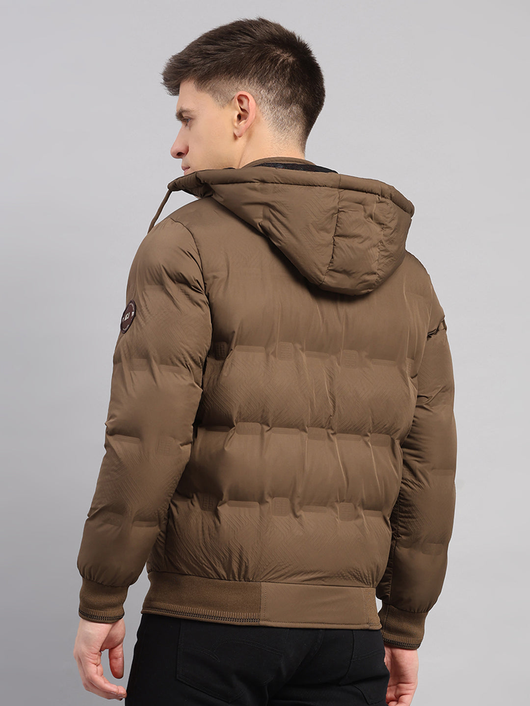 Men Brown Solid Hooded Full Sleeve Jacket