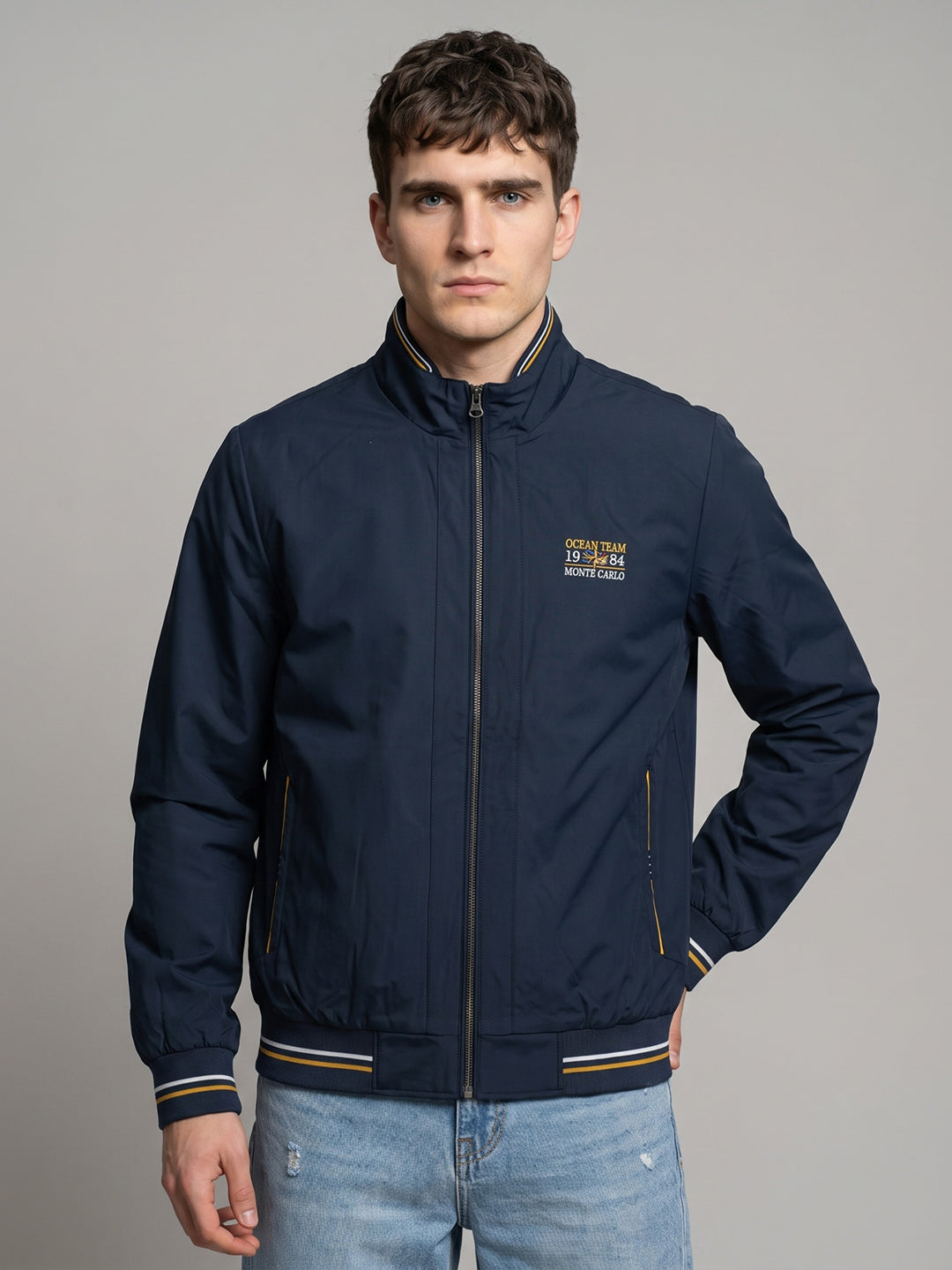 Men Navy Blue Solid Turtle Neck Full Sleeve Jacket