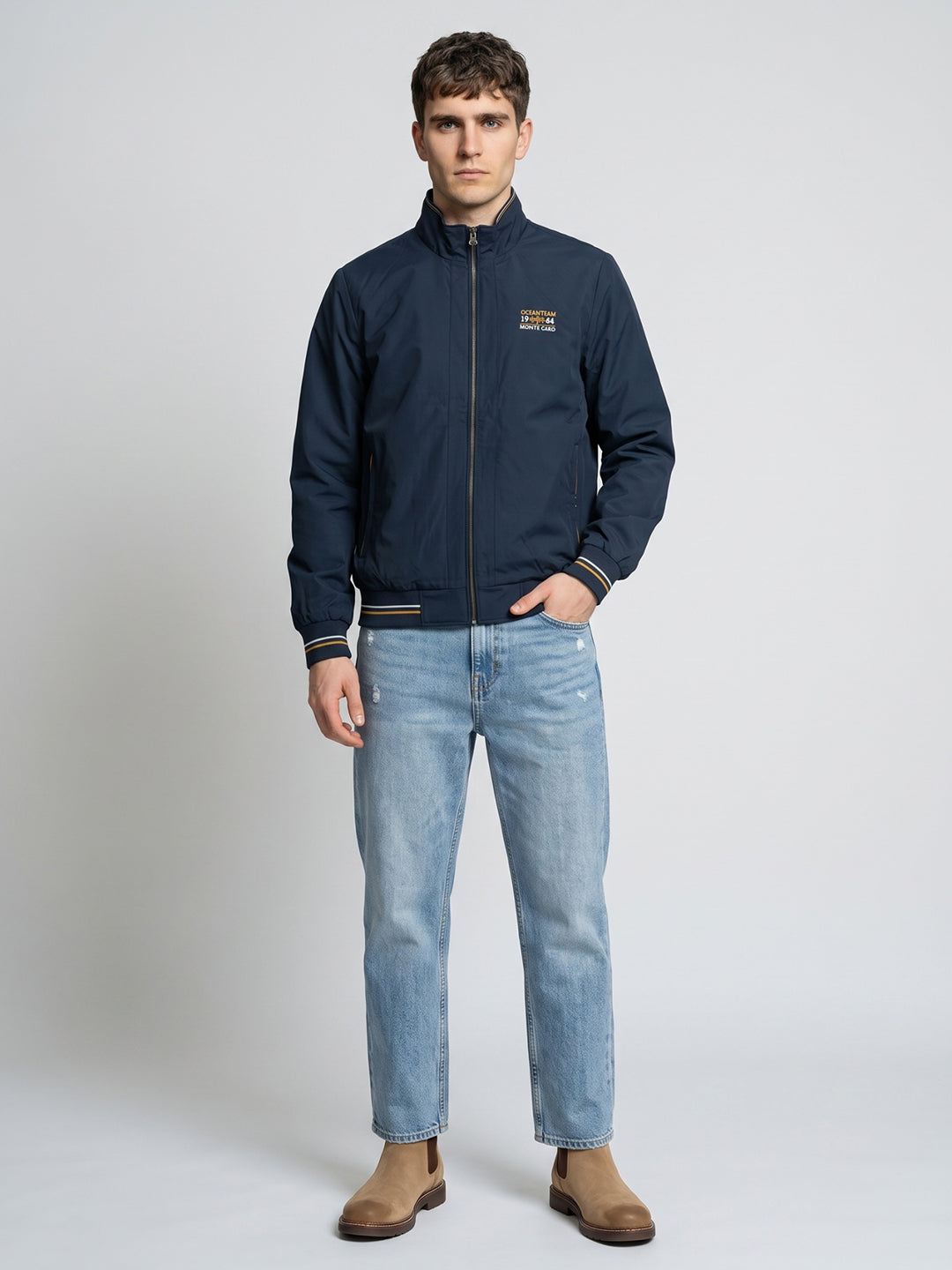 Men Navy Blue Solid Turtle Neck Full Sleeve Jacket
