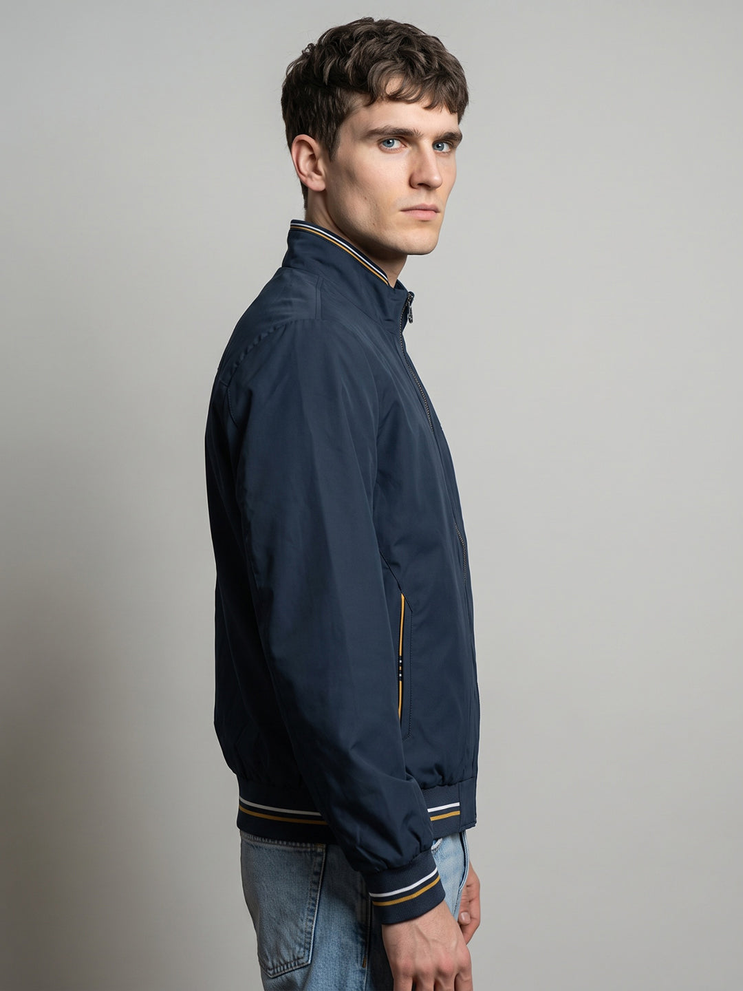 Men Navy Blue Solid Turtle Neck Full Sleeve Jacket