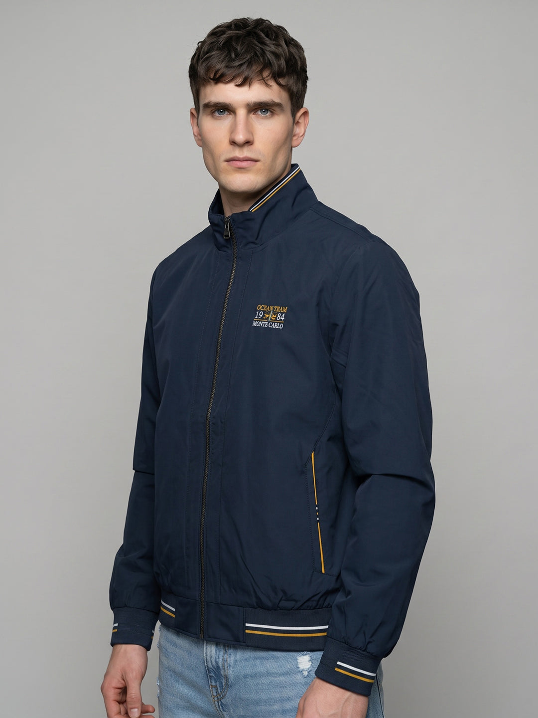 Men Navy Blue Solid Turtle Neck Full Sleeve Jacket