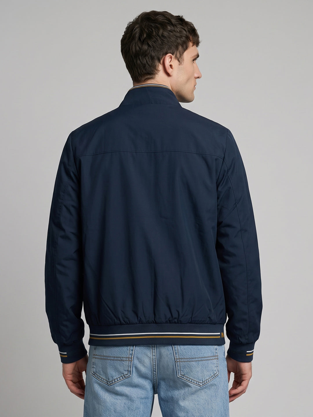 Men Navy Blue Solid Turtle Neck Full Sleeve Jacket