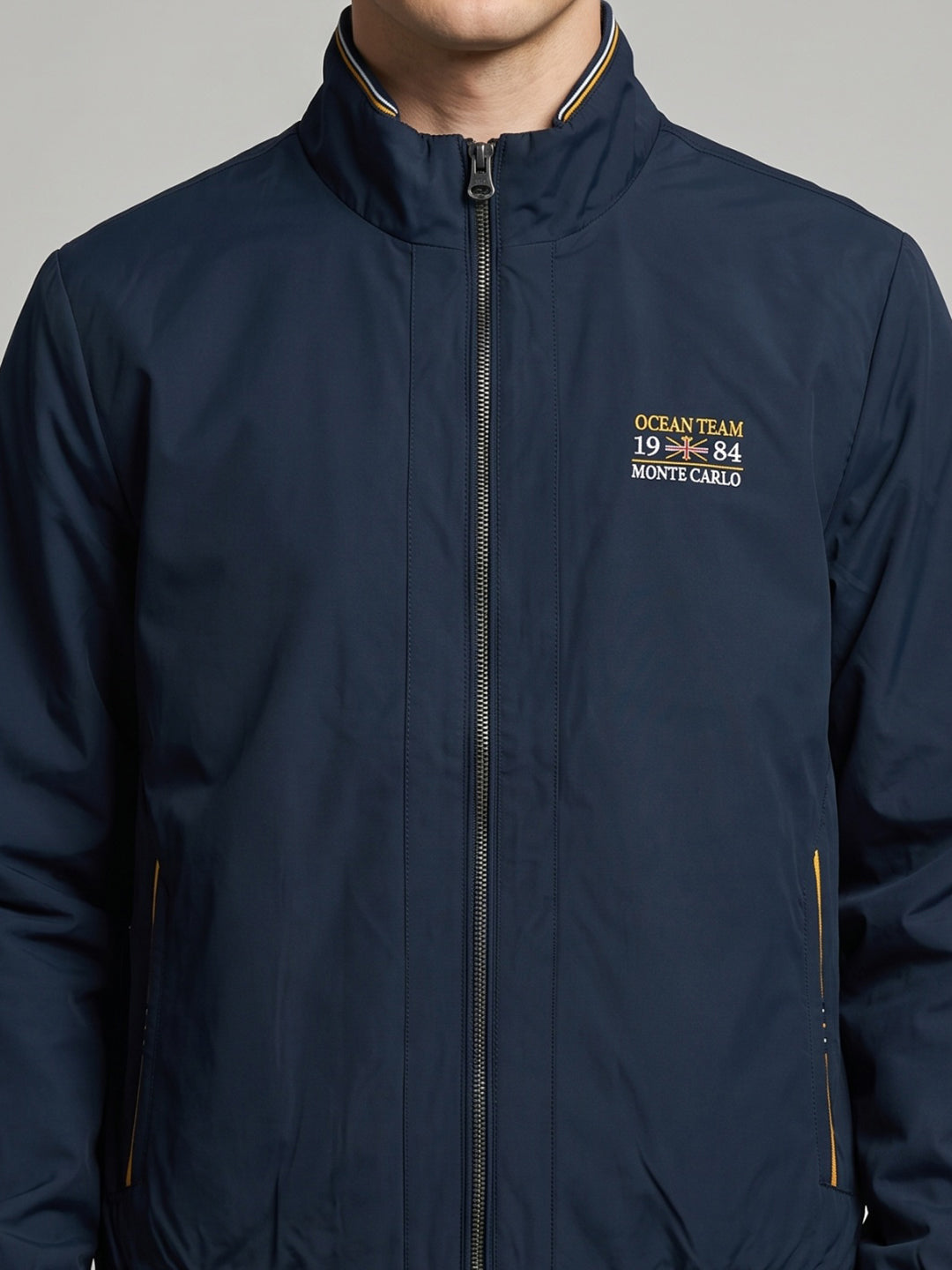 Men Navy Blue Solid Turtle Neck Full Sleeve Jacket