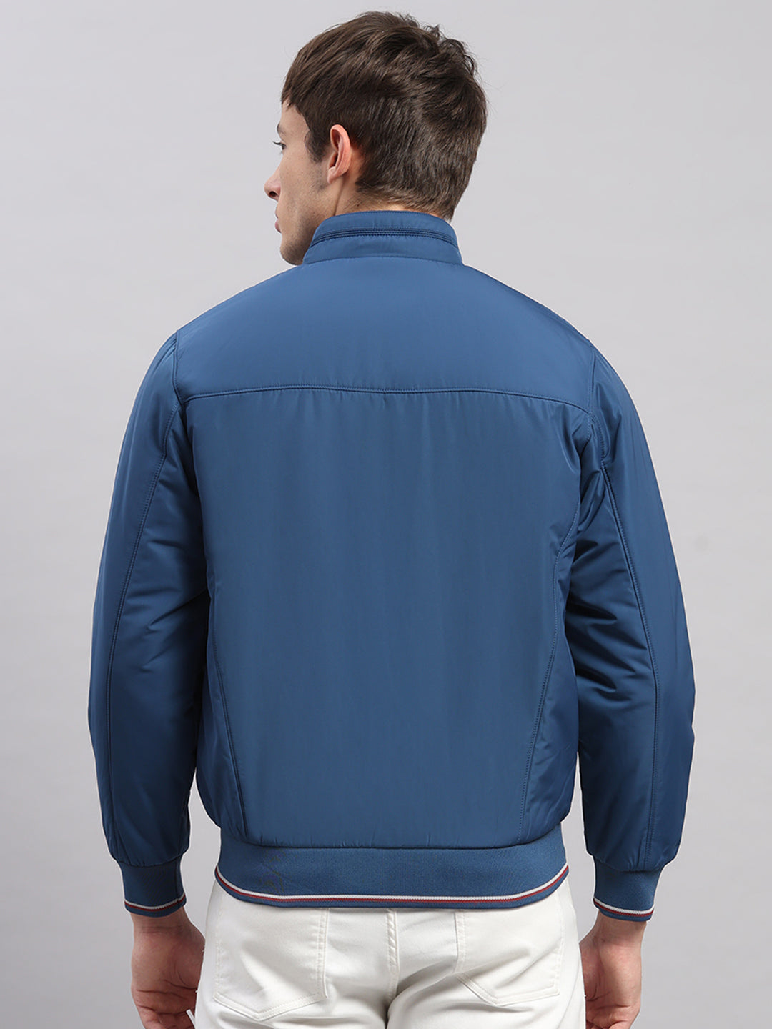 Men Blue Solid Stand Collar Full Sleeve Jacket