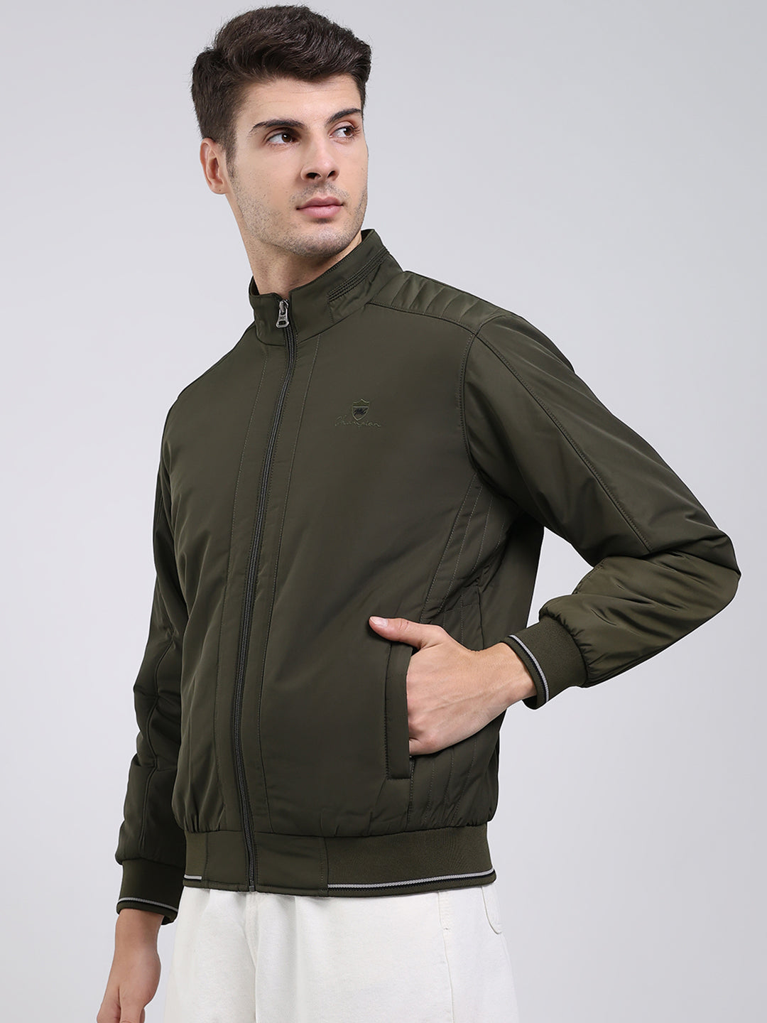 Men Olive Solid Mock Neck Full Sleeve Jacket
