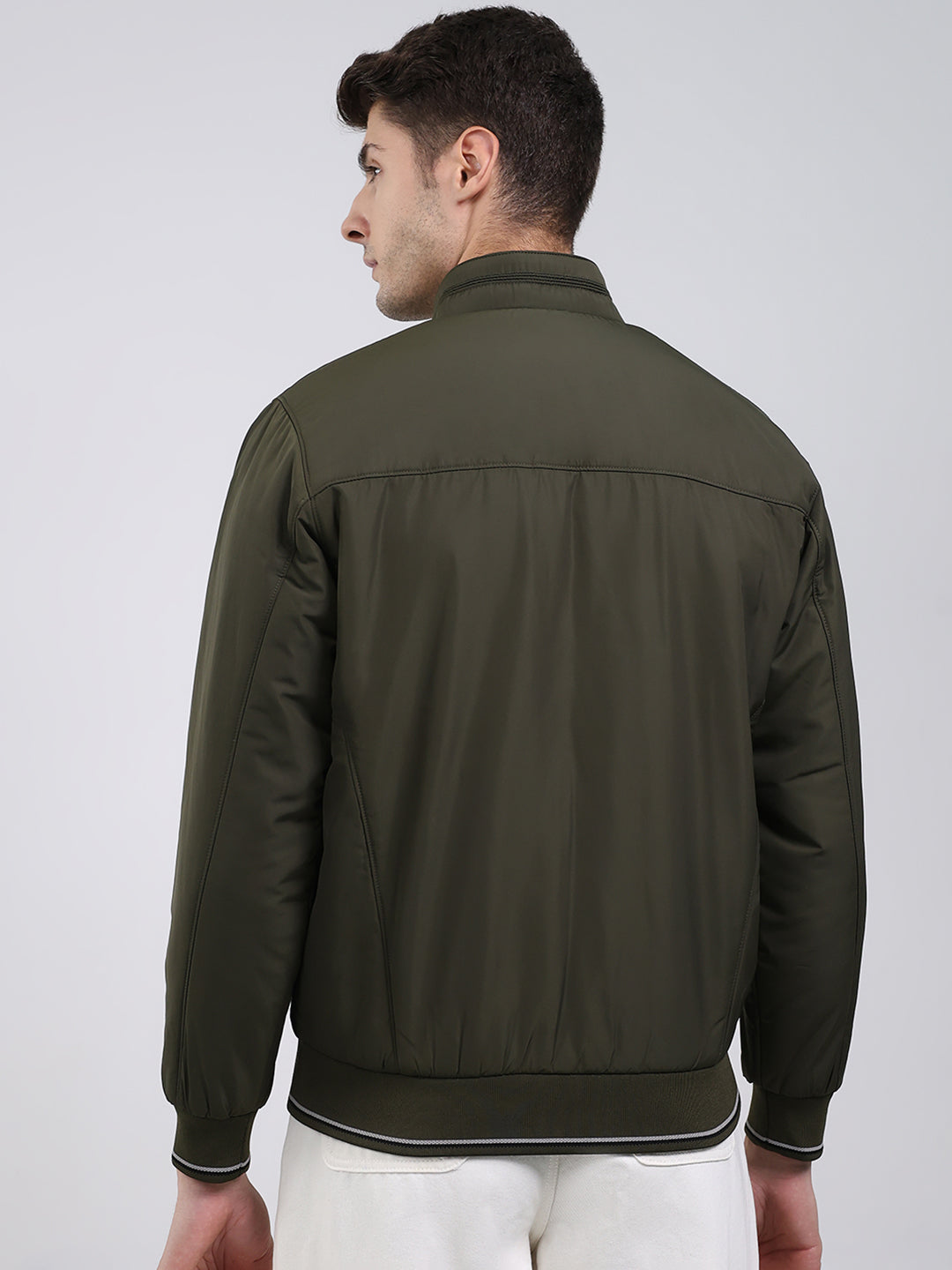Men Olive Solid Mock Neck Full Sleeve Jacket