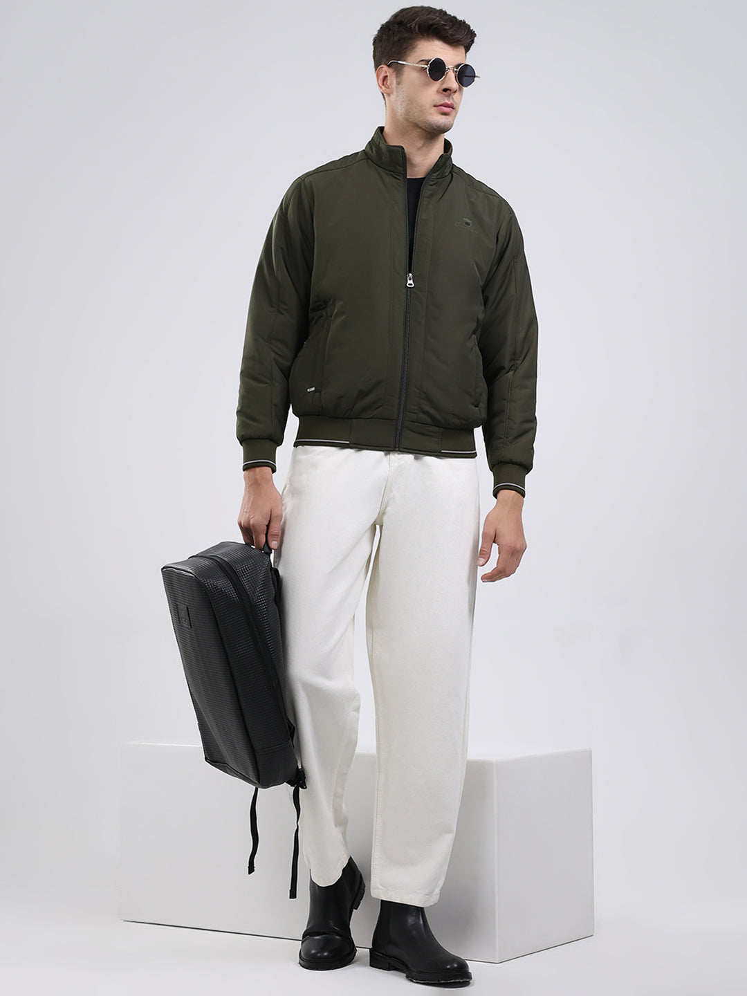 Men Olive Solid Mock Neck Full Sleeve Jacket