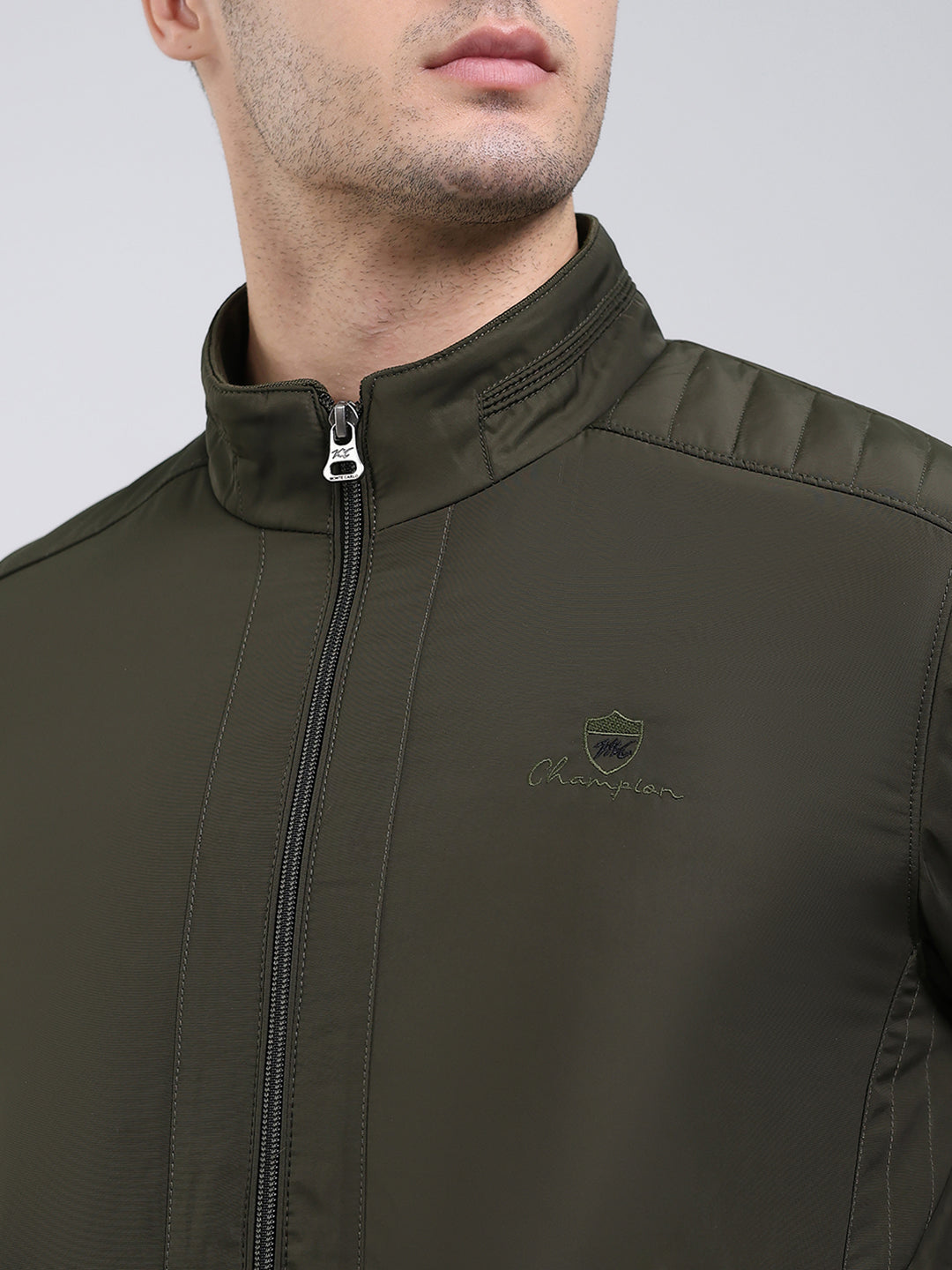 Men Olive Solid Mock Neck Full Sleeve Jacket