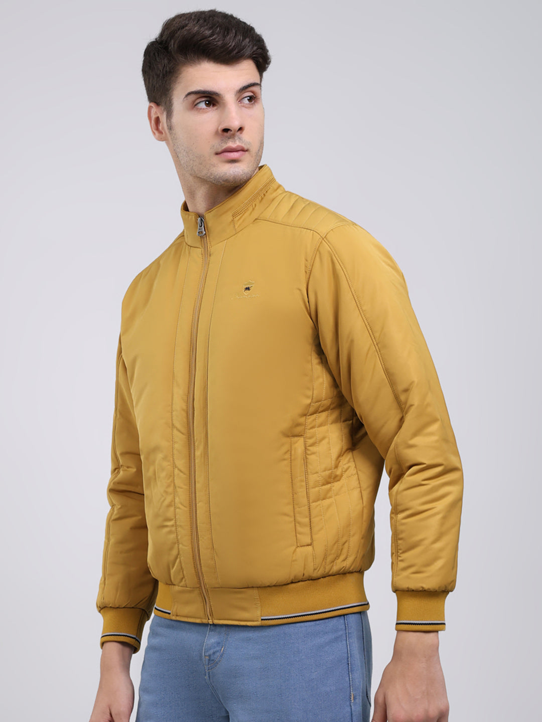 Men Mustard Solid Mock Neck Full Sleeve Jacket