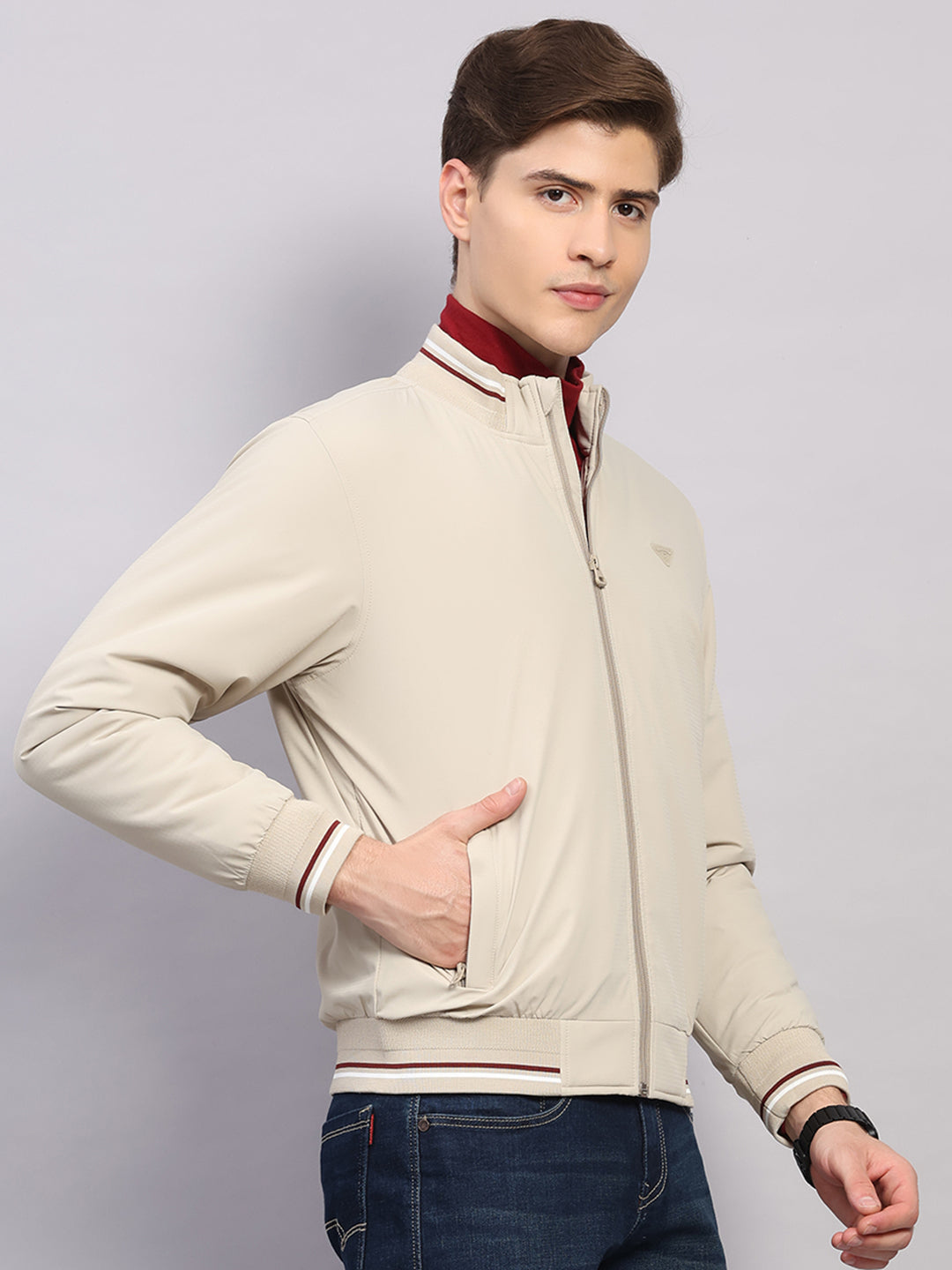 Men Beige Solid Mock Neck Full Sleeve Jacket