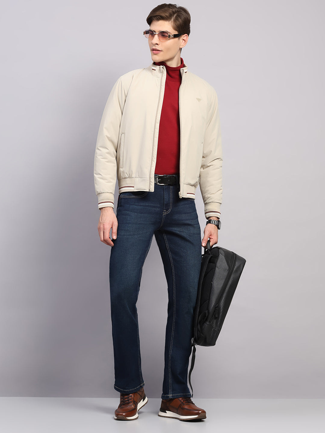 Men Beige Solid Mock Neck Full Sleeve Jacket