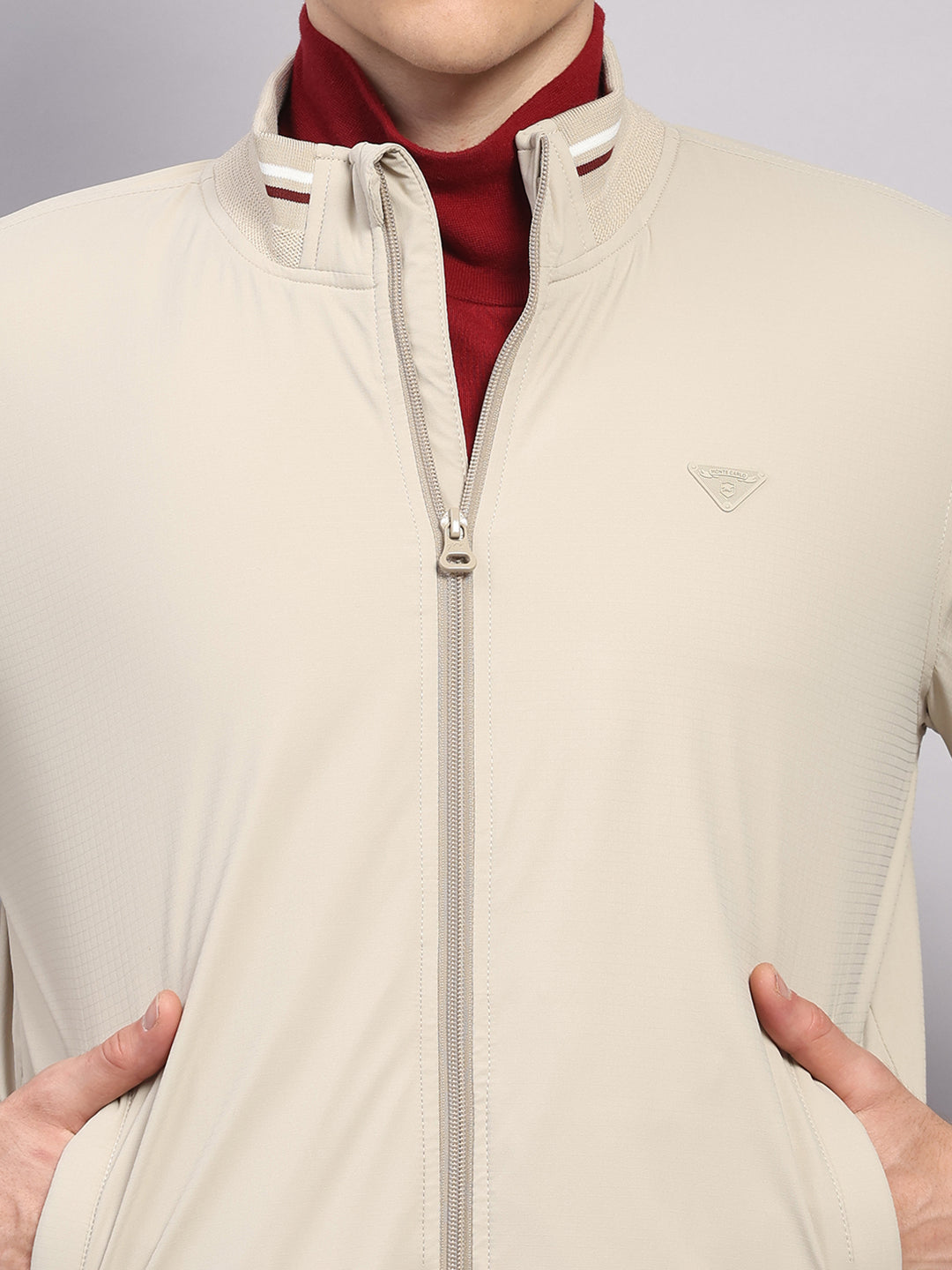 Men Beige Solid Mock Neck Full Sleeve Jacket