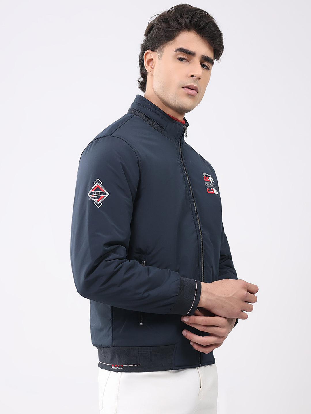 Men Navy Blue Solid Collar Full Sleeve Jacket
