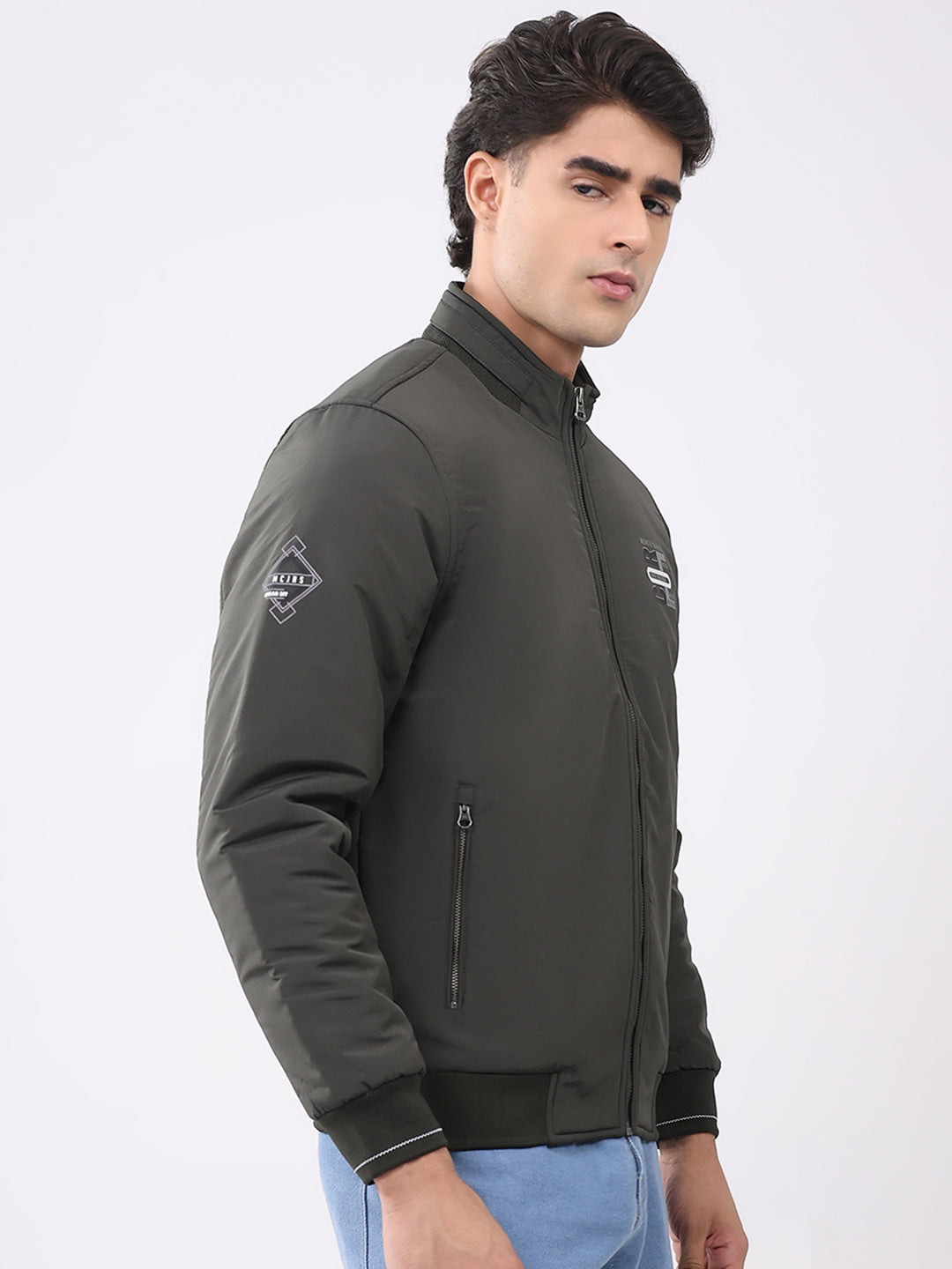 Men Olive Solid Collar Full Sleeve Jacket