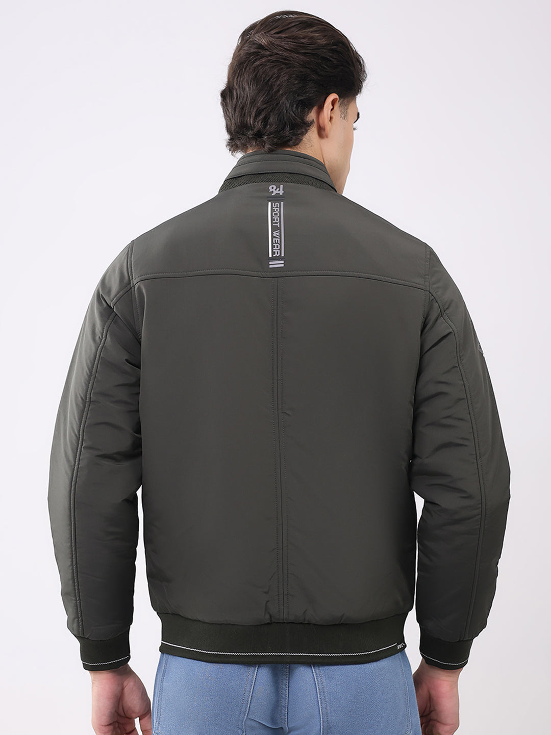 Men Olive Solid Collar Full Sleeve Jacket