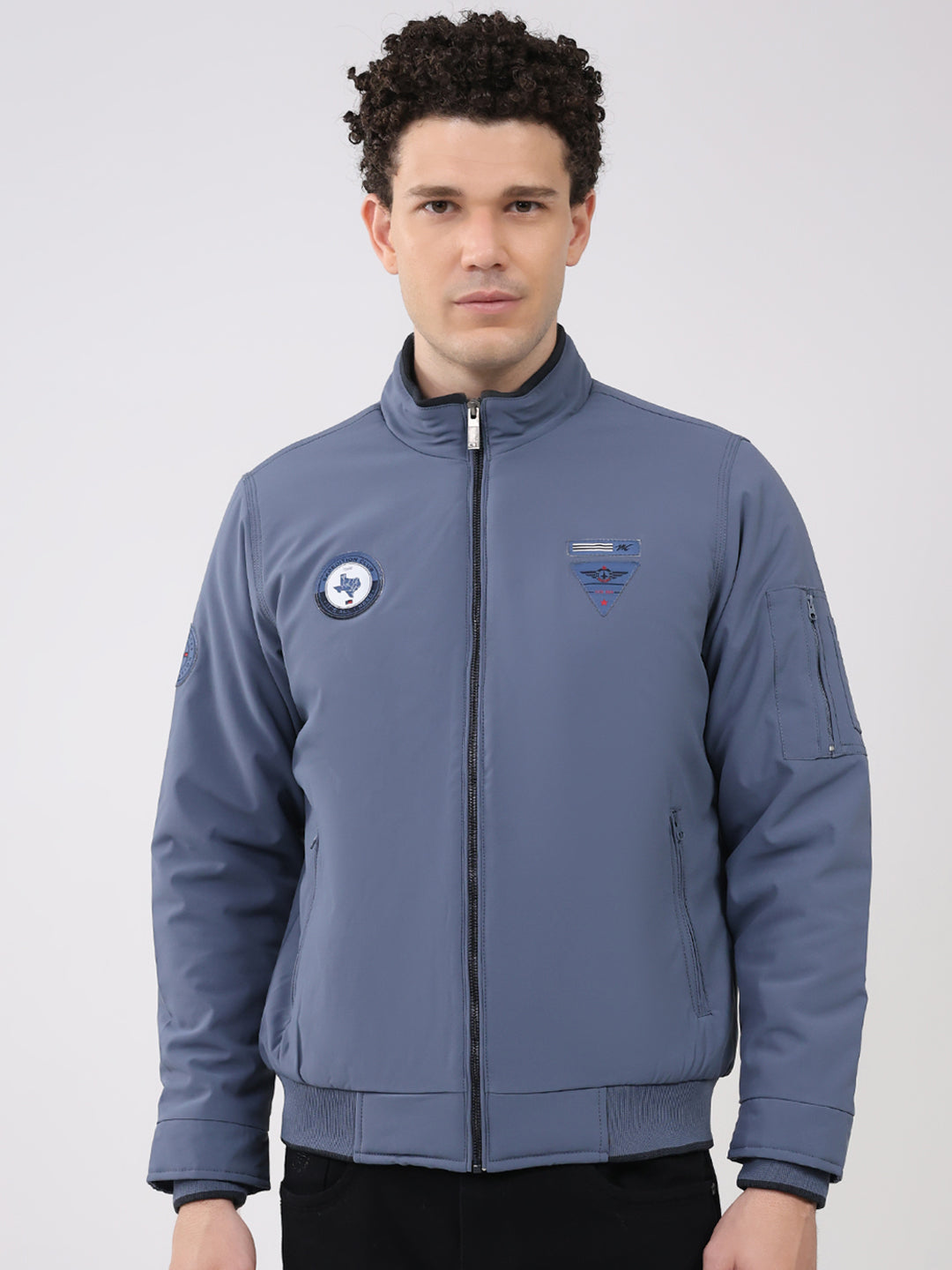 Men Blue Solid Collar Full Sleeve Jacket