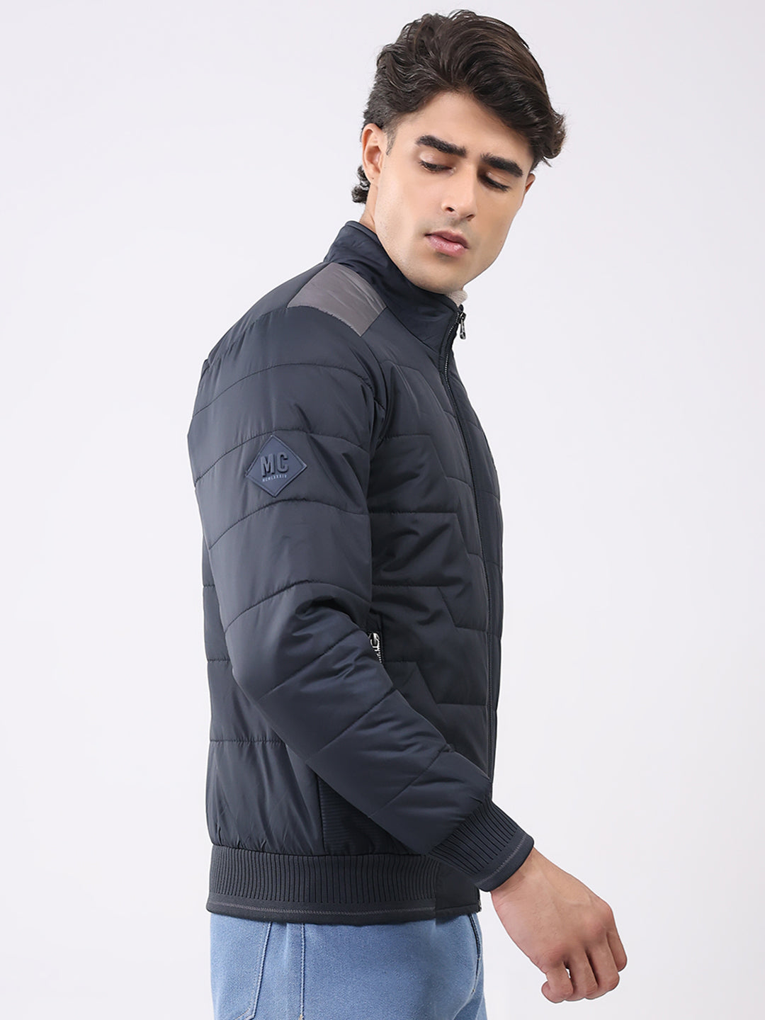Men Navy Blue Solid Collar Full Sleeve Jacket