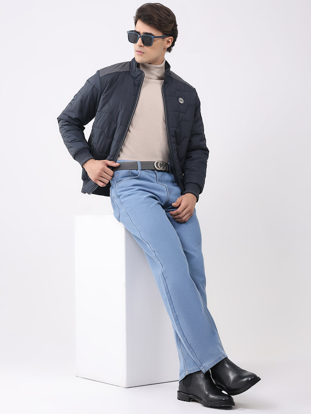 Men Navy Blue Solid Collar Full Sleeve Jacket