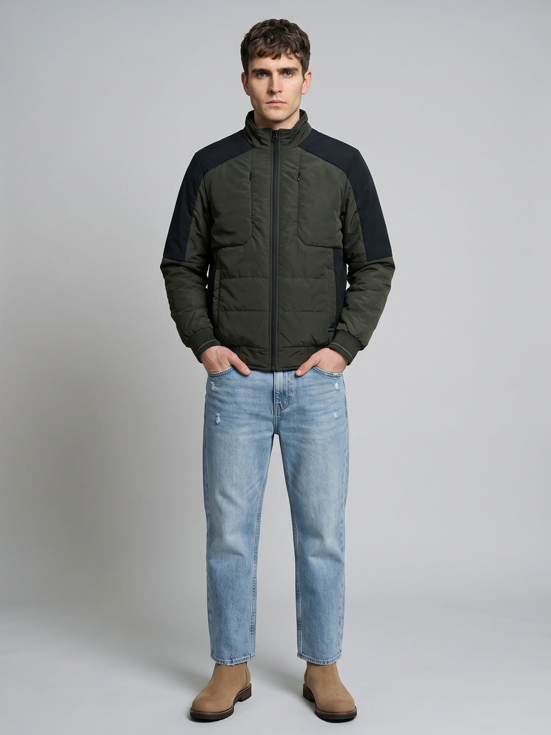 Men Olive Solid Turtle Neck Full Sleeve Jacket