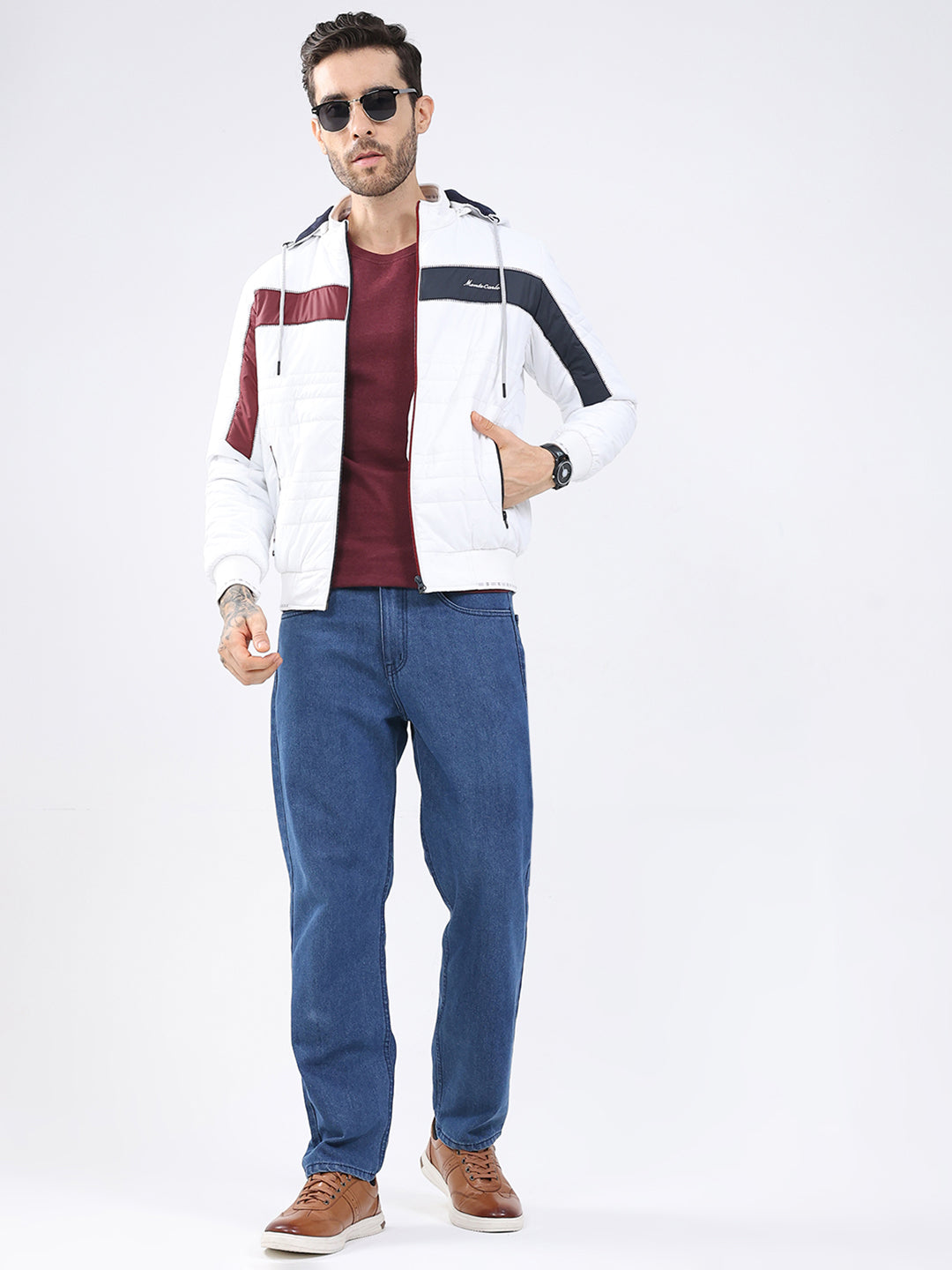 Men White Solid Detachable Hood Full Sleeve Jacket