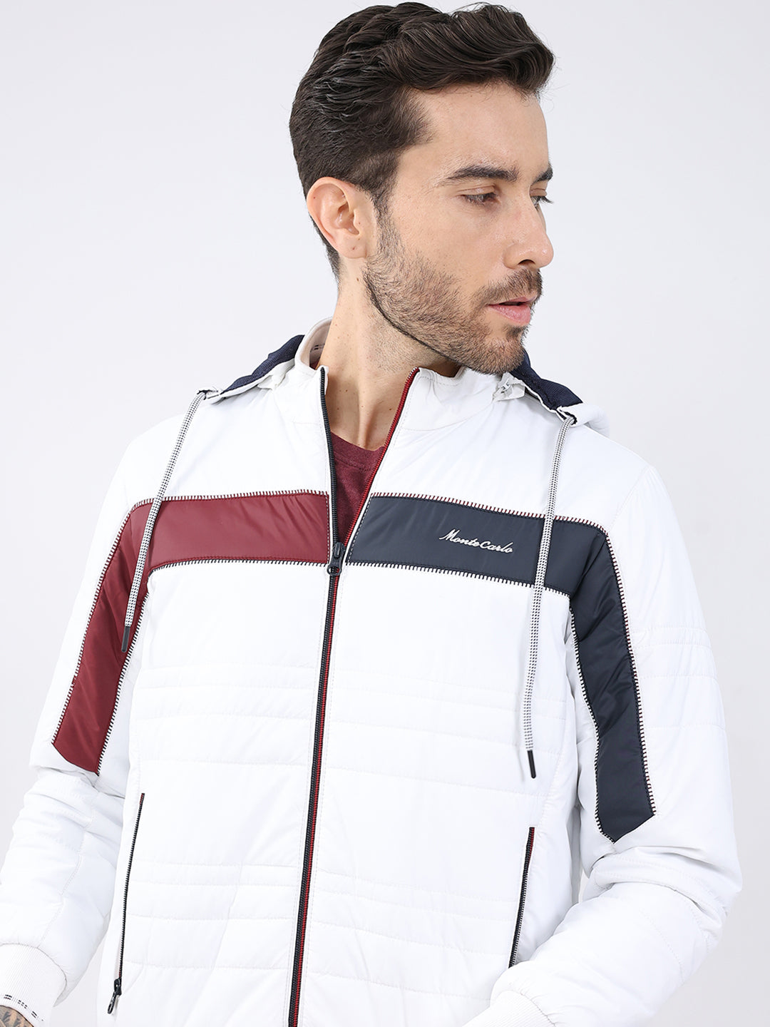 Men White Solid Detachable Hood Full Sleeve Jacket