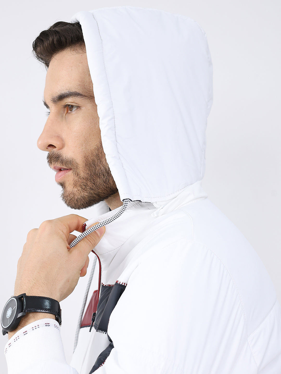 Men White Solid Detachable Hood Full Sleeve Jacket