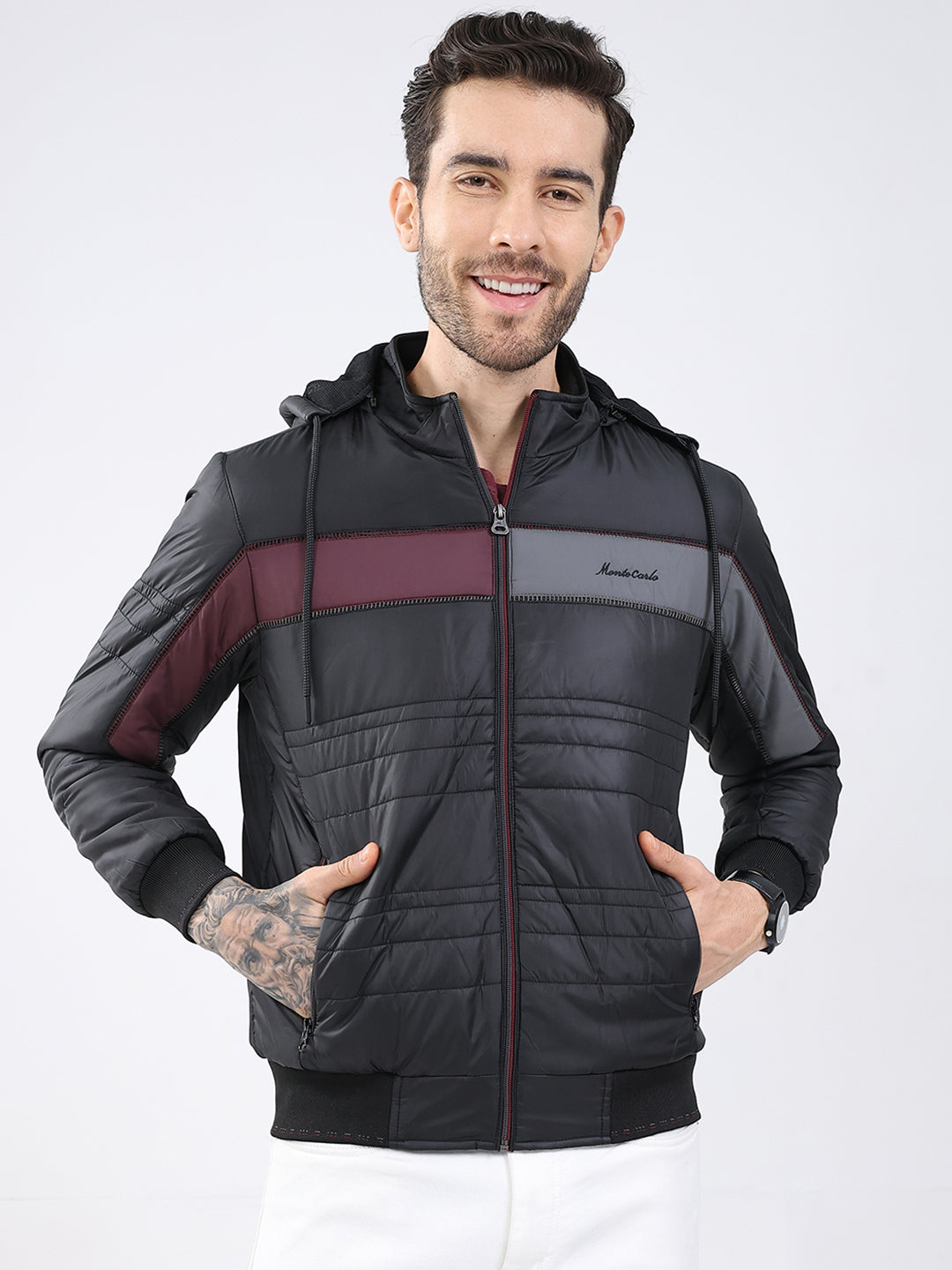 Men Black Solid Detachable Hood Full Sleeve Jacket