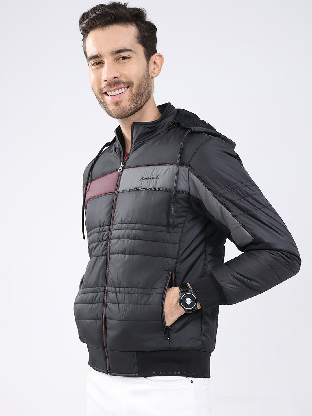 Men Black Solid Detachable Hood Full Sleeve Jacket