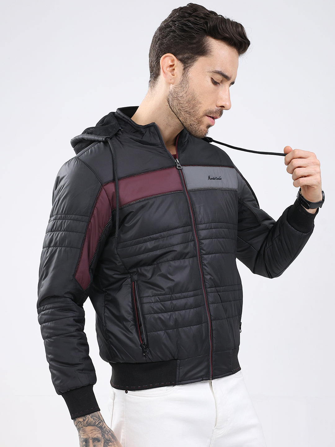 Men Black Solid Detachable Hood Full Sleeve Jacket