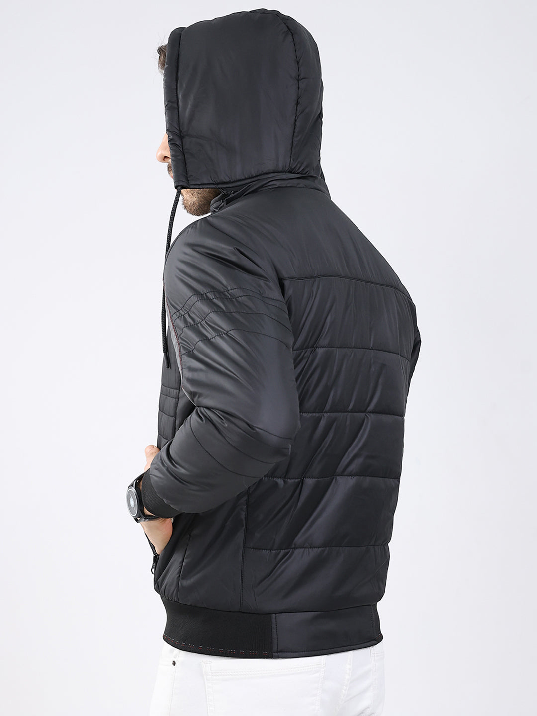 Men Black Solid Detachable Hood Full Sleeve Jacket