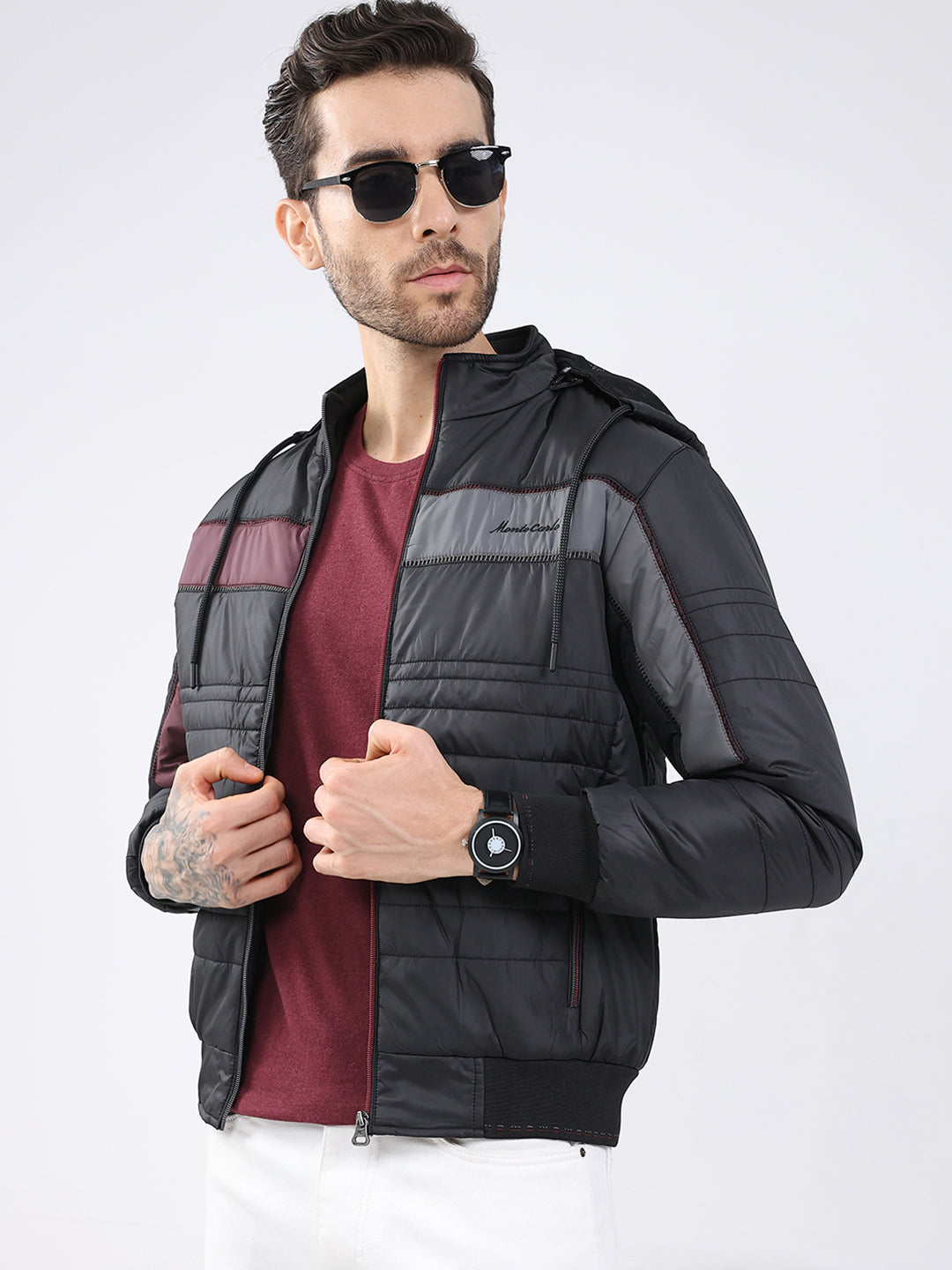 Men Black Solid Detachable Hood Full Sleeve Jacket