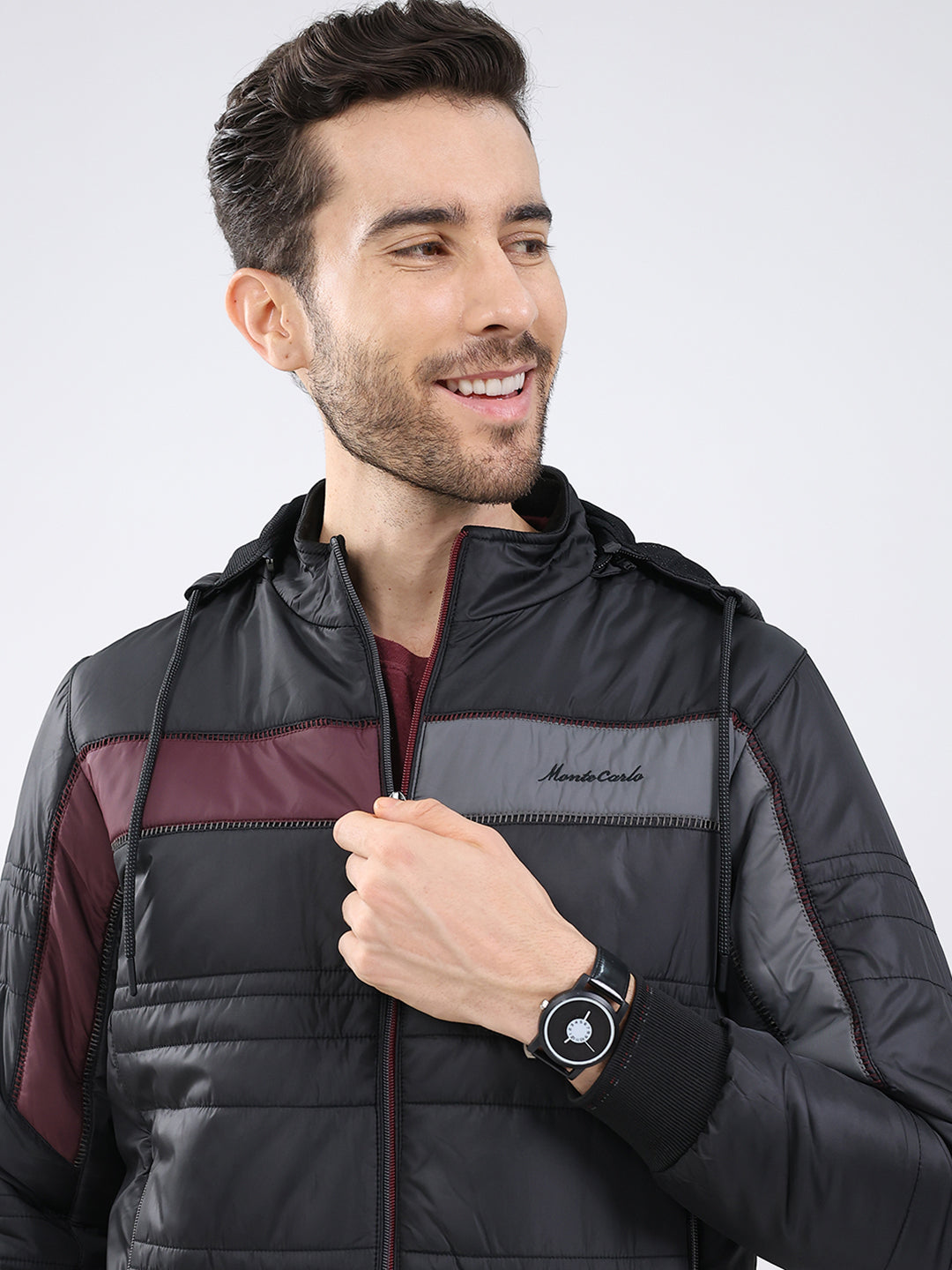 Men Black Solid Detachable Hood Full Sleeve Jacket