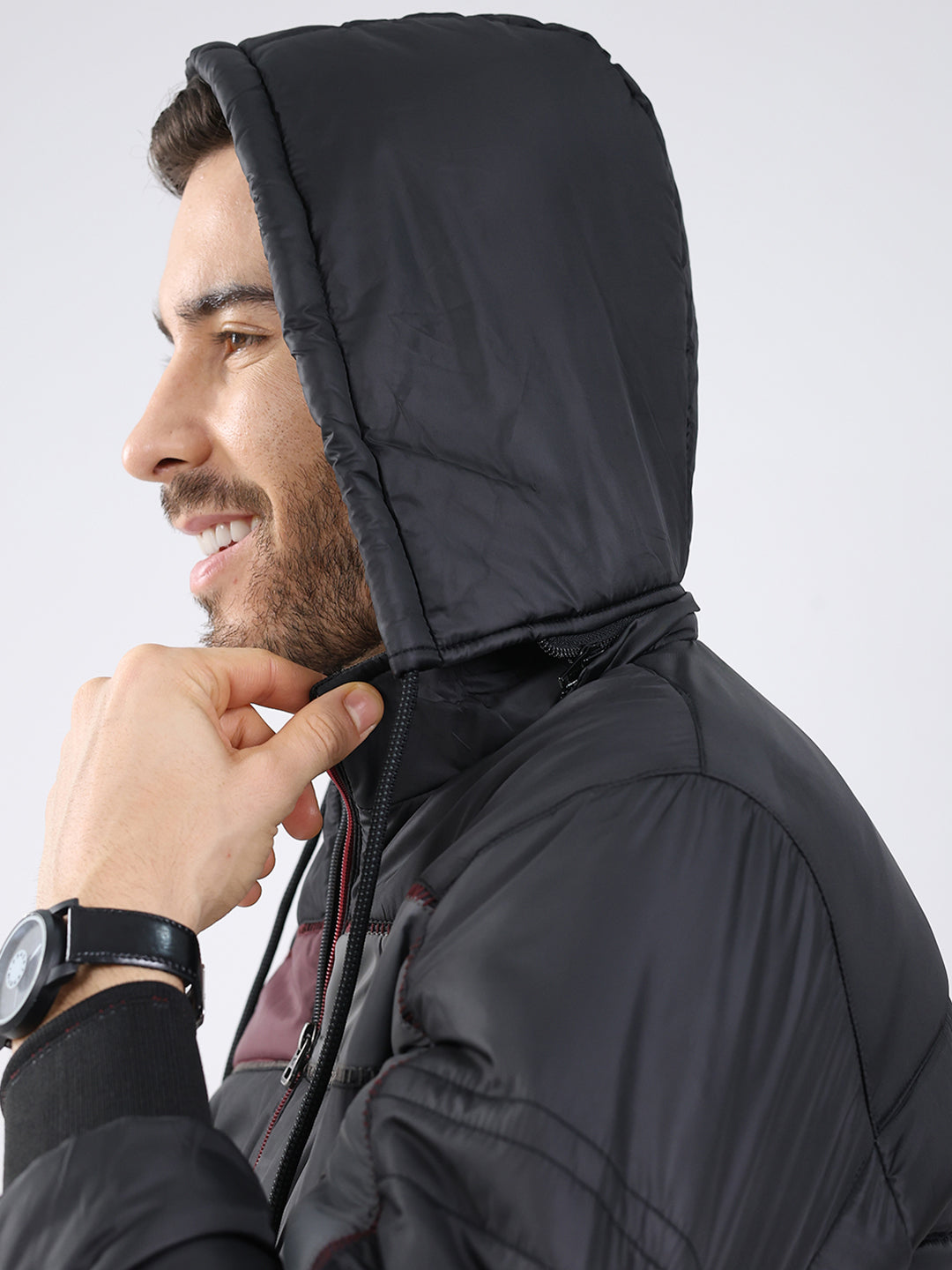 Men Black Solid Detachable Hood Full Sleeve Jacket