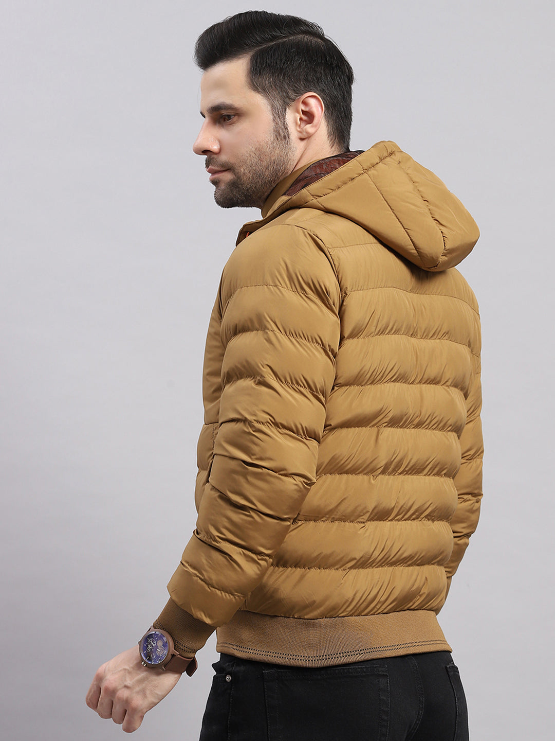 Men Khaki Solid Hooded Full Sleeve Jacket