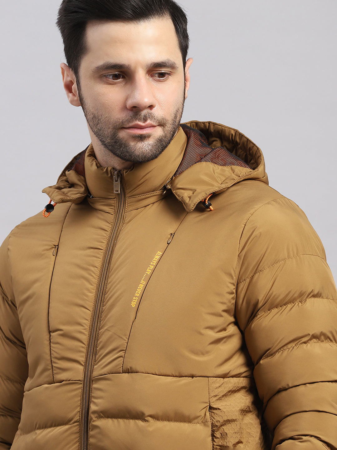 Men Khaki Solid Hooded Full Sleeve Jacket