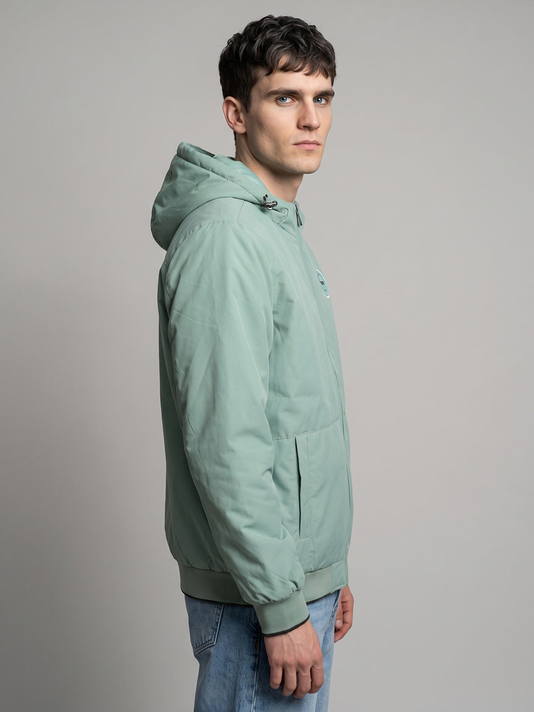 Men Light Green Solid Hooded Full Sleeve Jacket