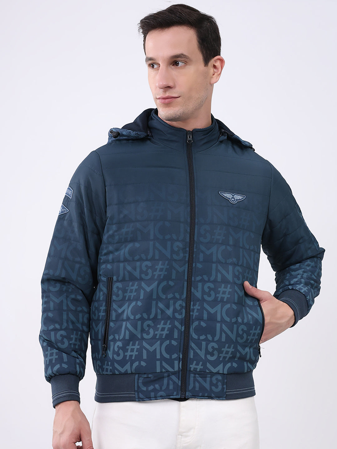 Men Navy Blue Printed Hooded Full Sleeve Jacket