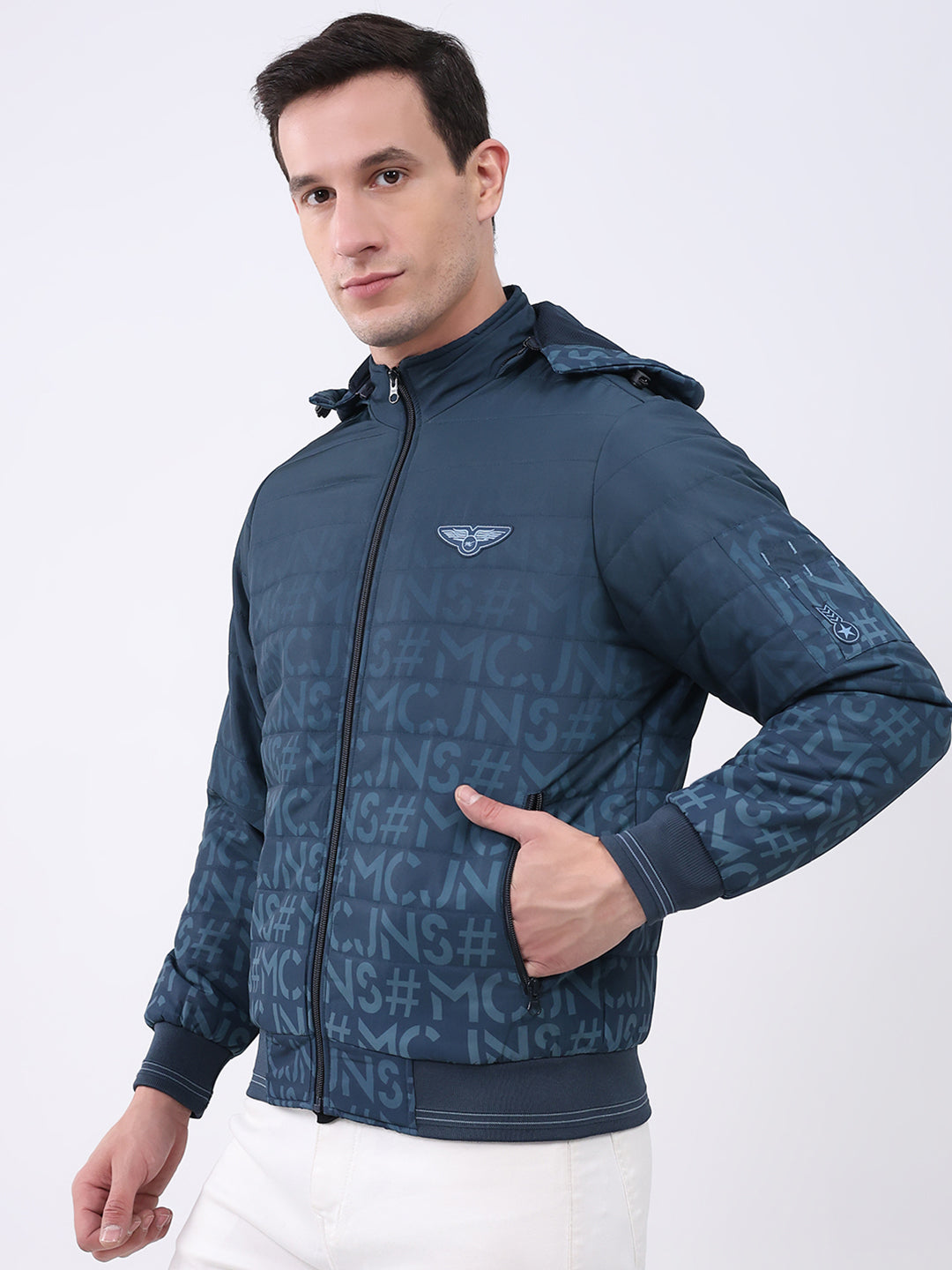 Men Navy Blue Printed Hooded Full Sleeve Jacket