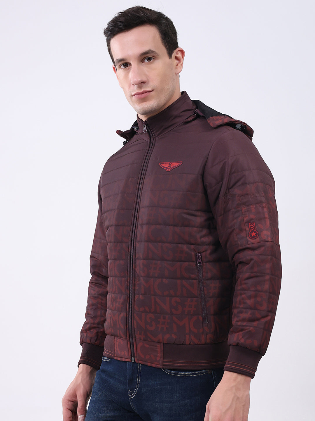Men Burgundy Printed Hooded Full Sleeve Jacket