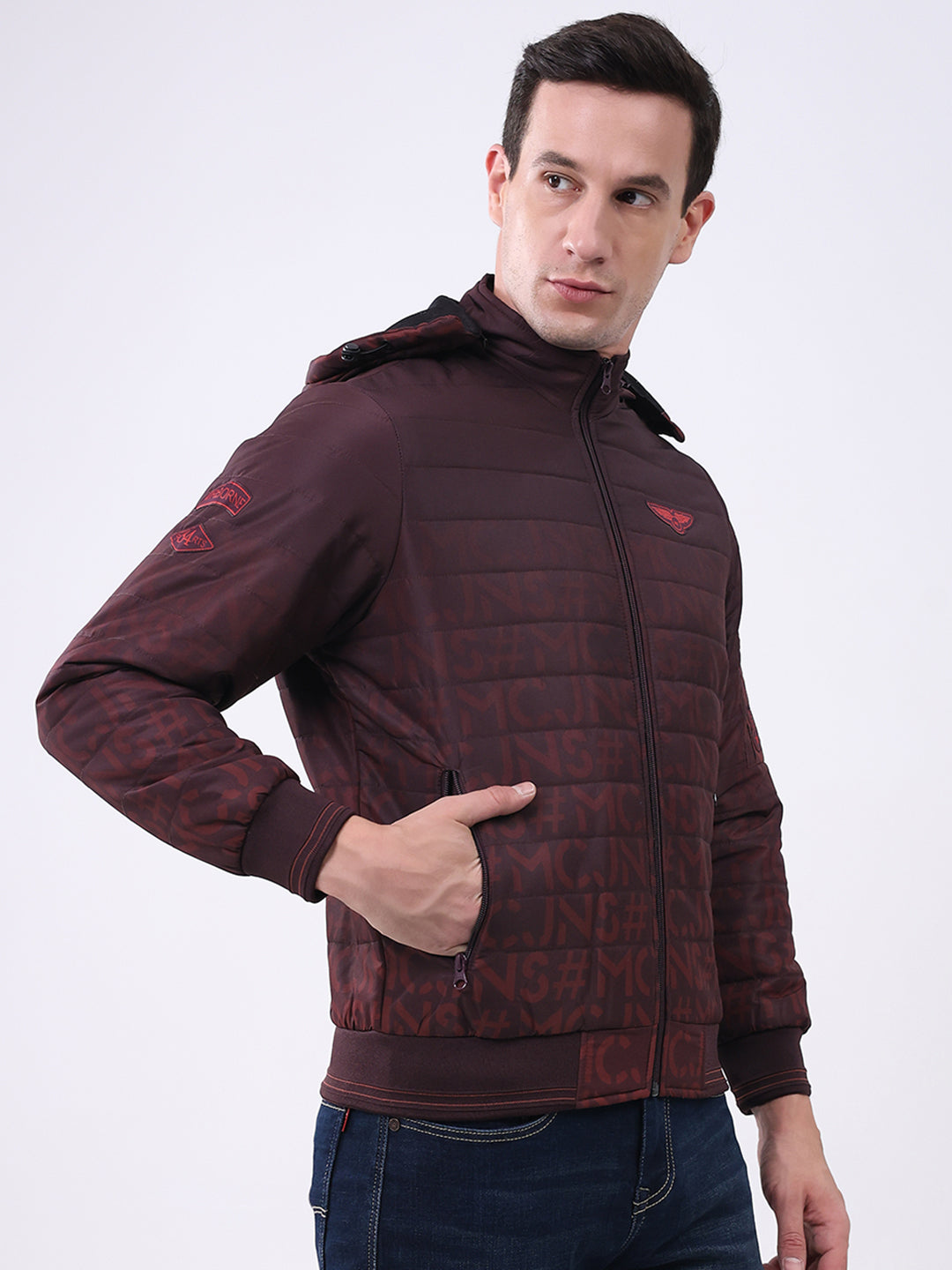 Men Burgundy Printed Hooded Full Sleeve Jacket
