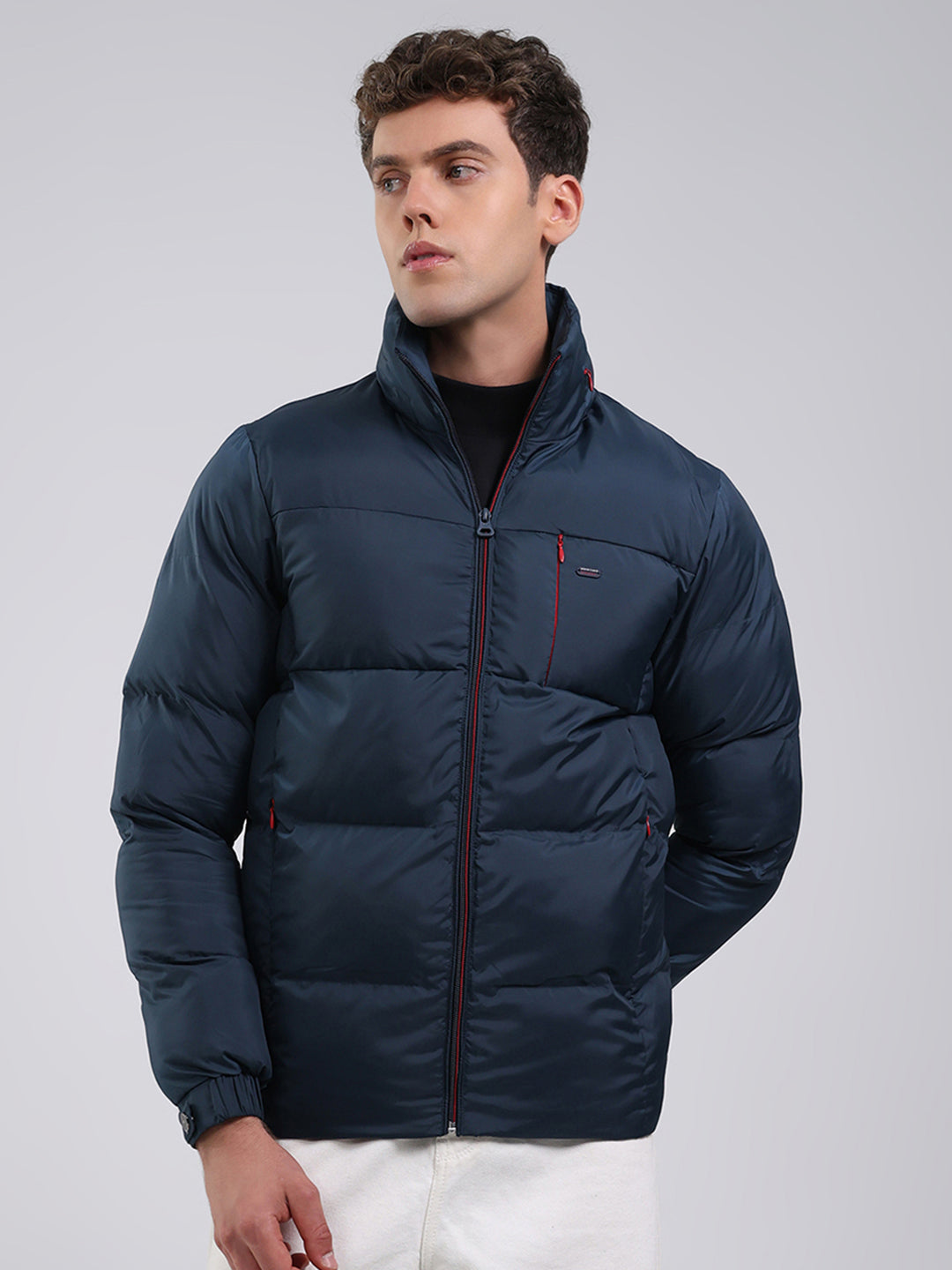 Men Navy Blue Solid Hooded Full Sleeve Jacket