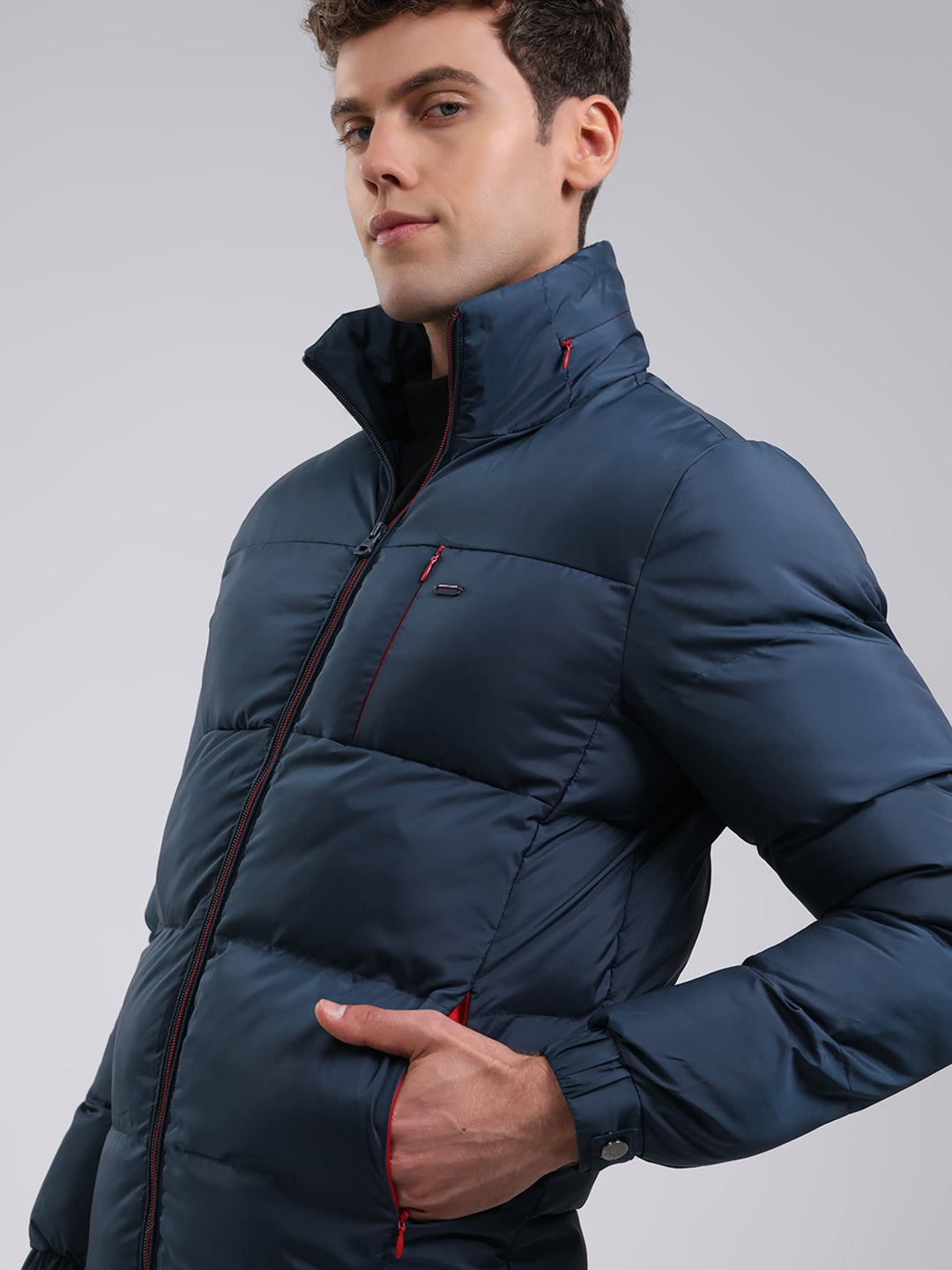 Men Navy Blue Solid Hooded Full Sleeve Jacket