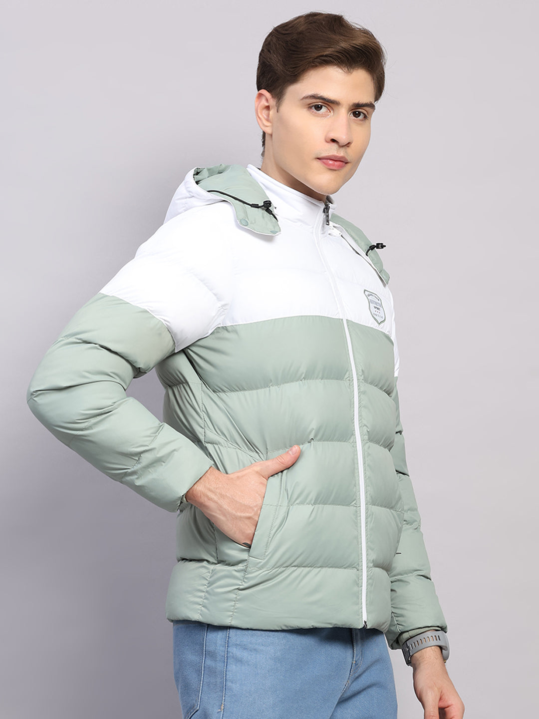 Men Sea Green Solid Hooded Full Sleeve Jacket