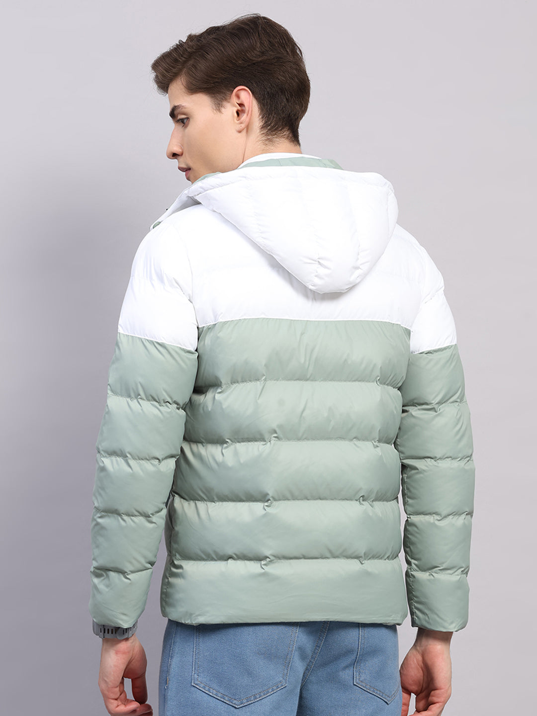 Men Sea Green Solid Hooded Full Sleeve Jacket