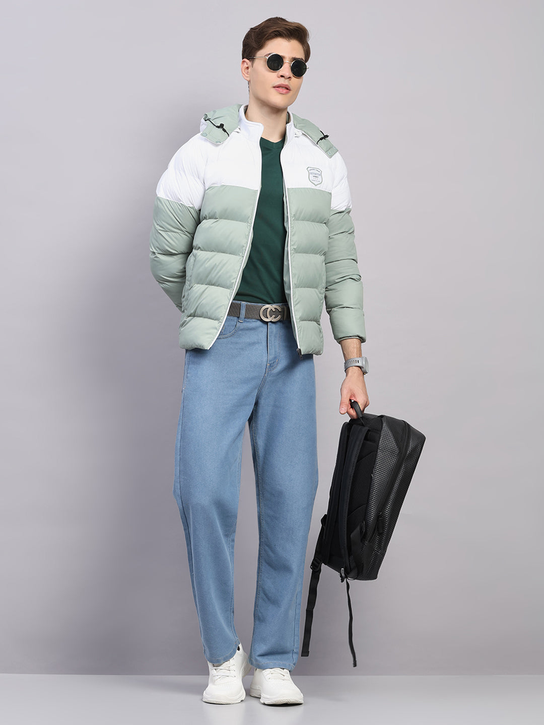 Men Sea Green Solid Hooded Full Sleeve Jacket