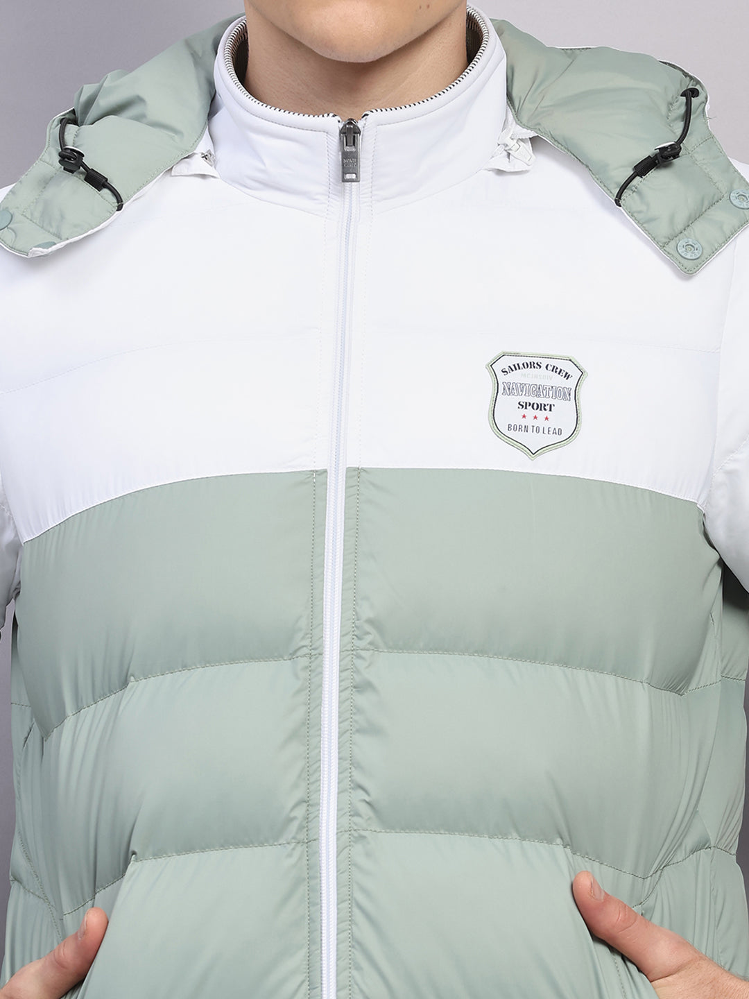Men Sea Green Solid Hooded Full Sleeve Jacket