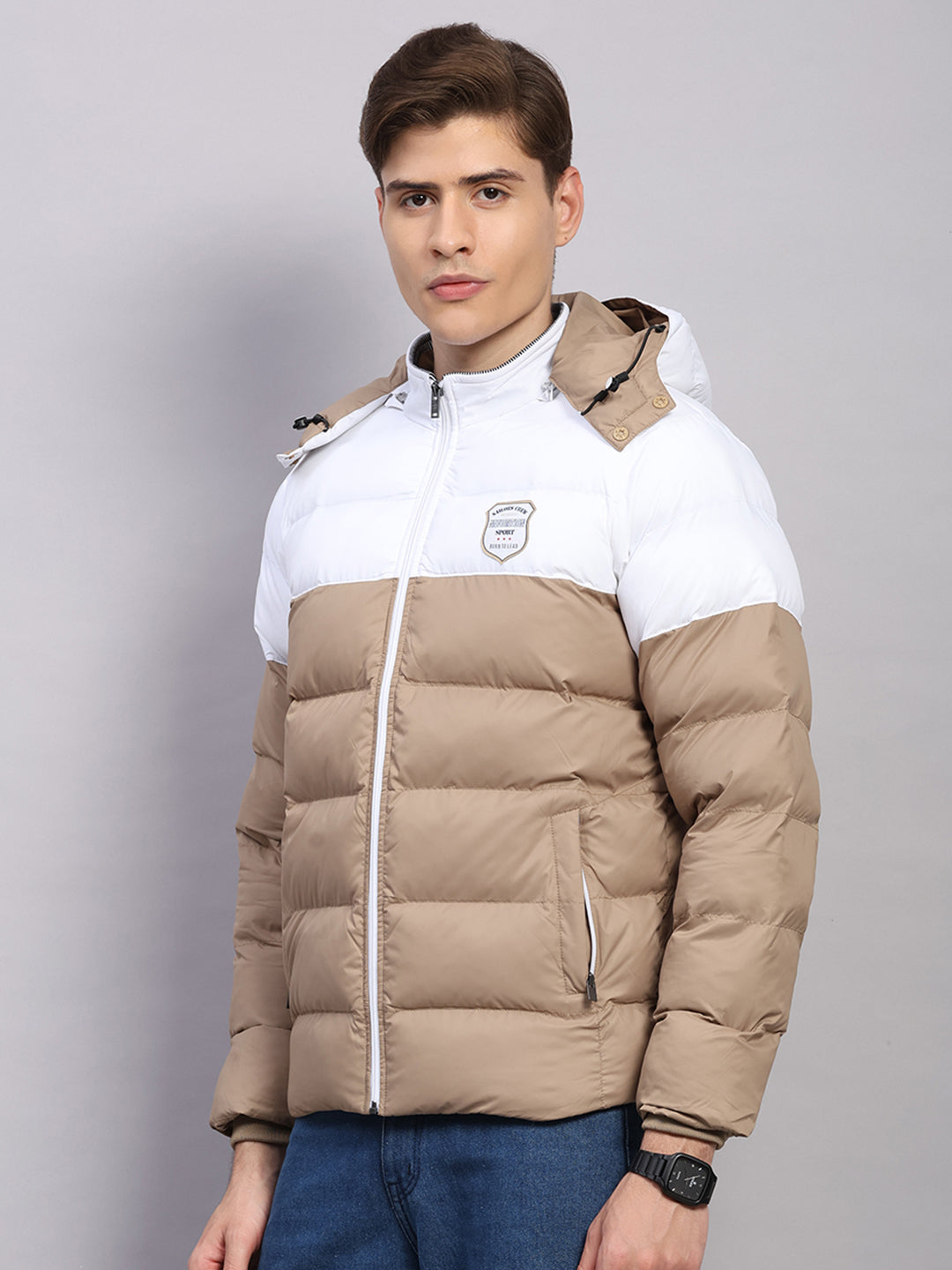 Men Beige Solid Hooded Full Sleeve Jacket