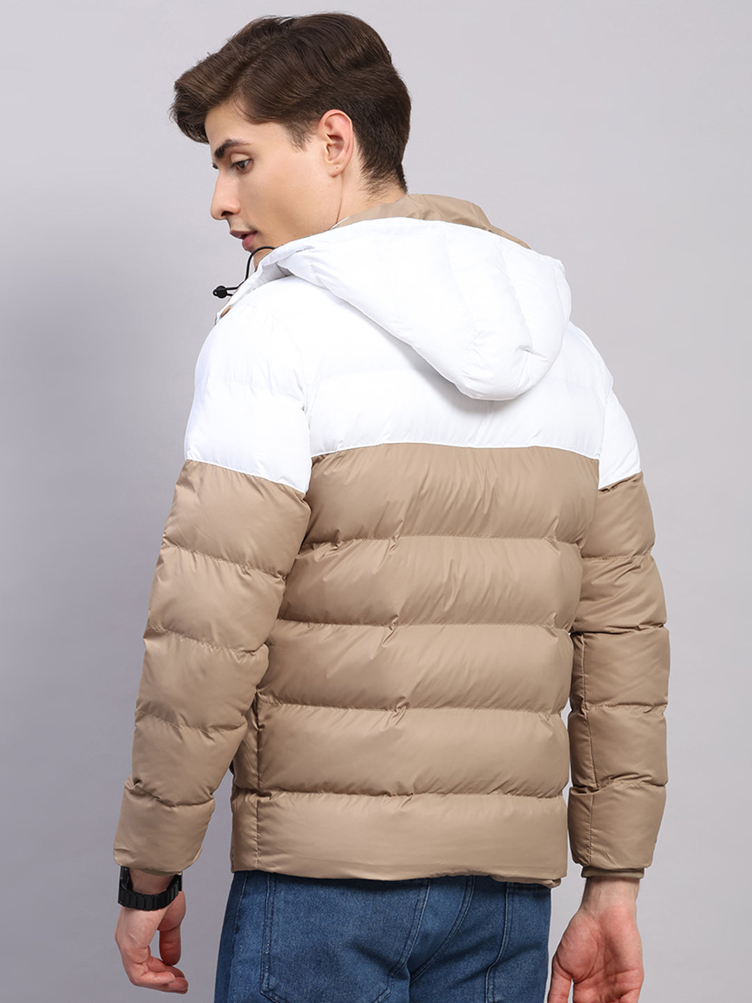 Men Beige Solid Hooded Full Sleeve Jacket