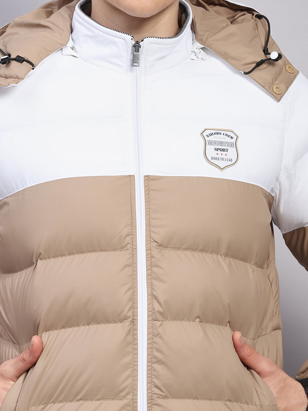 Men Beige Solid Hooded Full Sleeve Jacket