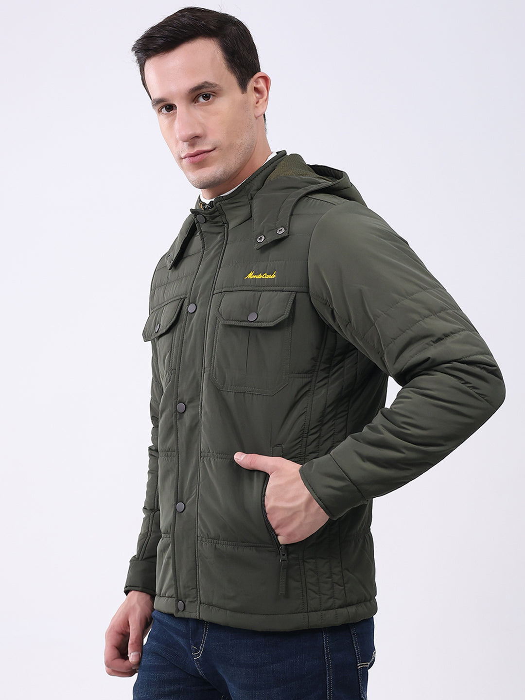 Men Olive Solid Hooded Full Sleeve Jacket